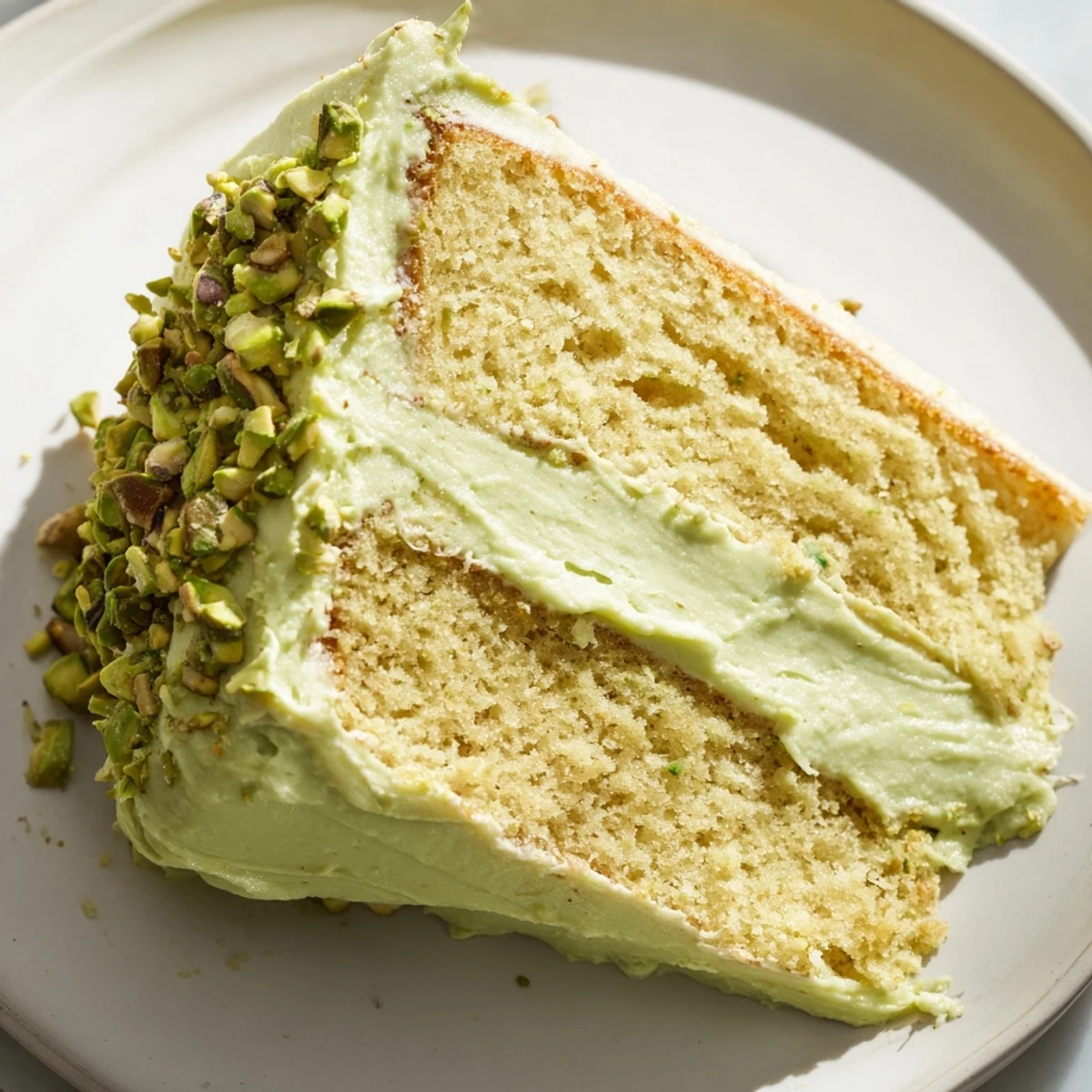 Slice of pistachio cake with creamy pistachio buttercream frosting on a white plate
