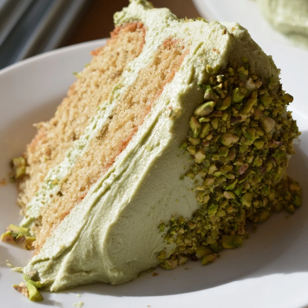 Two-layer pistachio cake topped with smooth green buttercream and chopped pistachio garnish