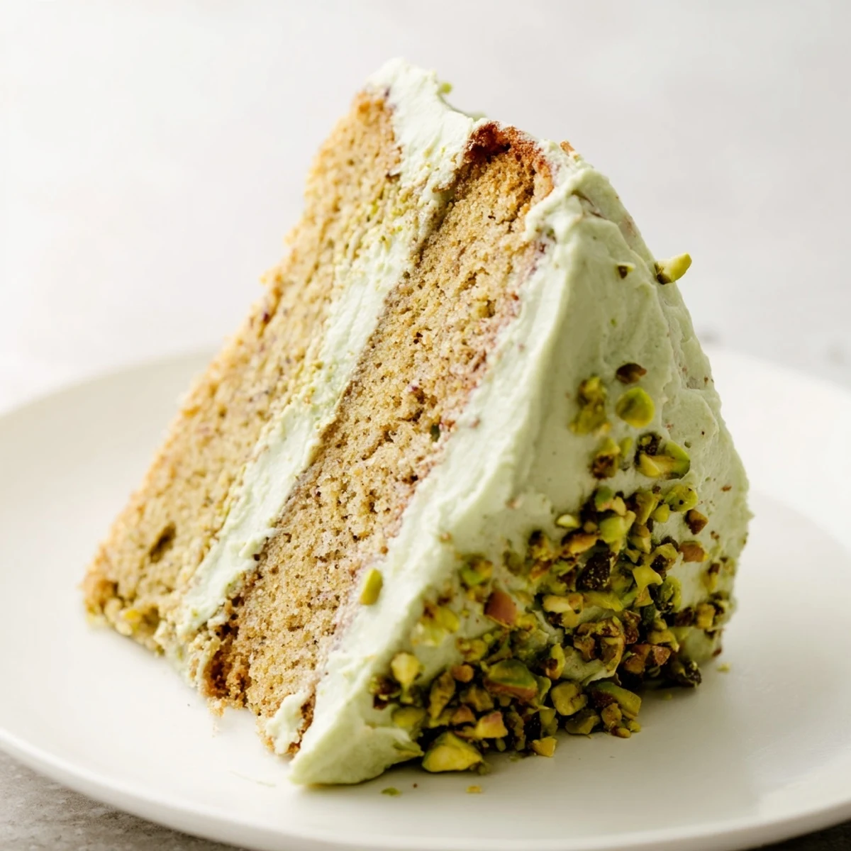 Homemade pistachio cake with thick pistachio frosting displayed on a serving platter