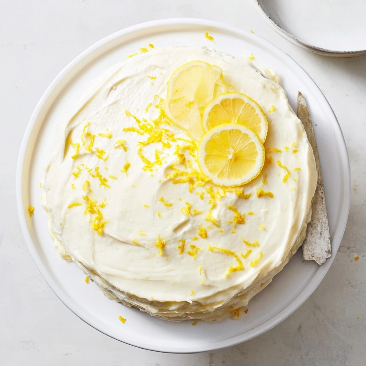 Slice of lemon birthday cake showing moist yellow crumb with zesty cream cheese frosting and lemon garnish
