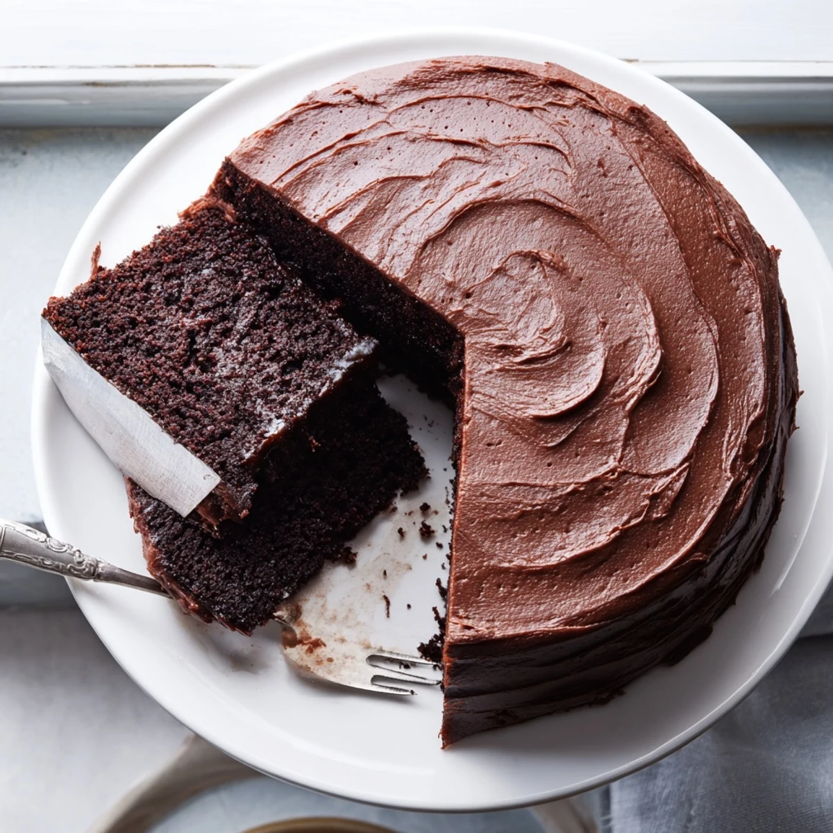 Moist Matildas chocolate cake layered with rich buttercream frosting on a white serving plate