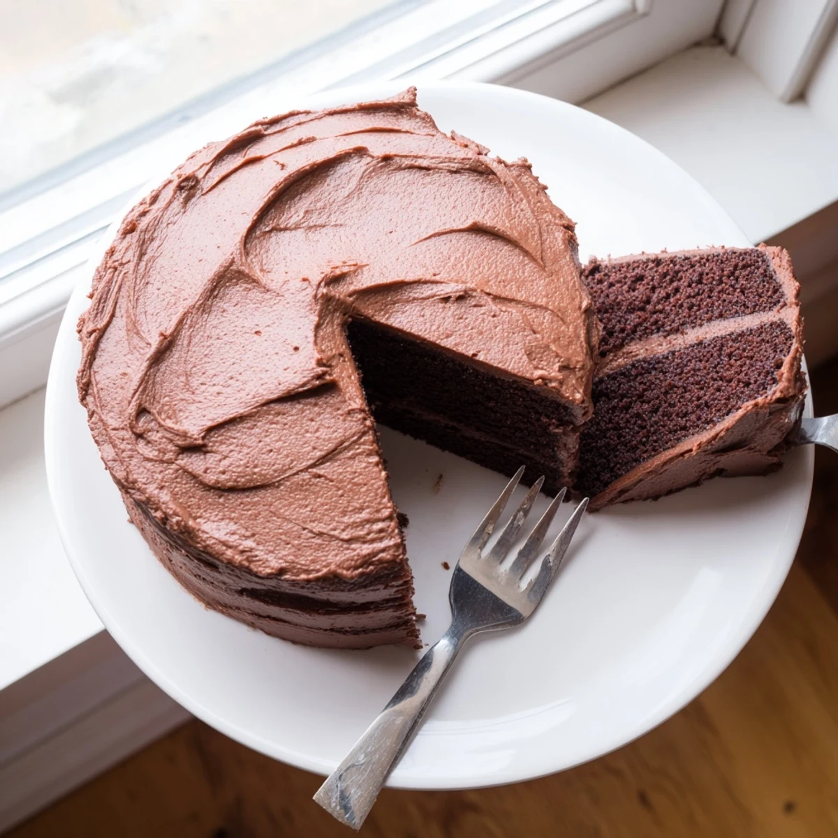 Slice of rich Matildas chocolate cake showcasing dark moist crumb topped with smooth buttercream