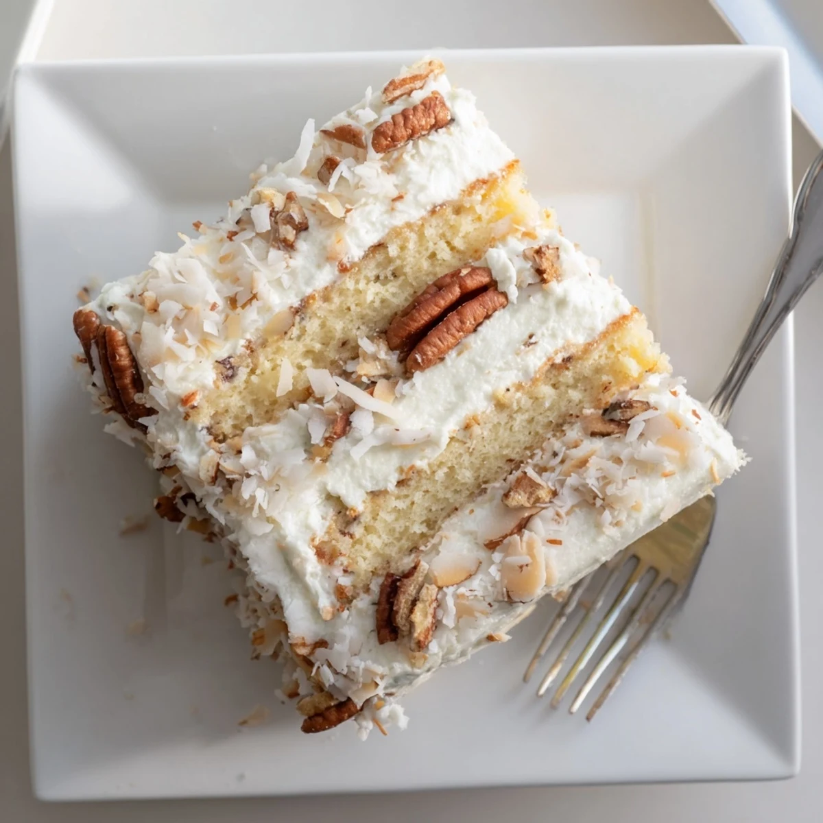 Golden slice of Quick Italian Cream Cake topped with cream cheese frosting and toasted pecans