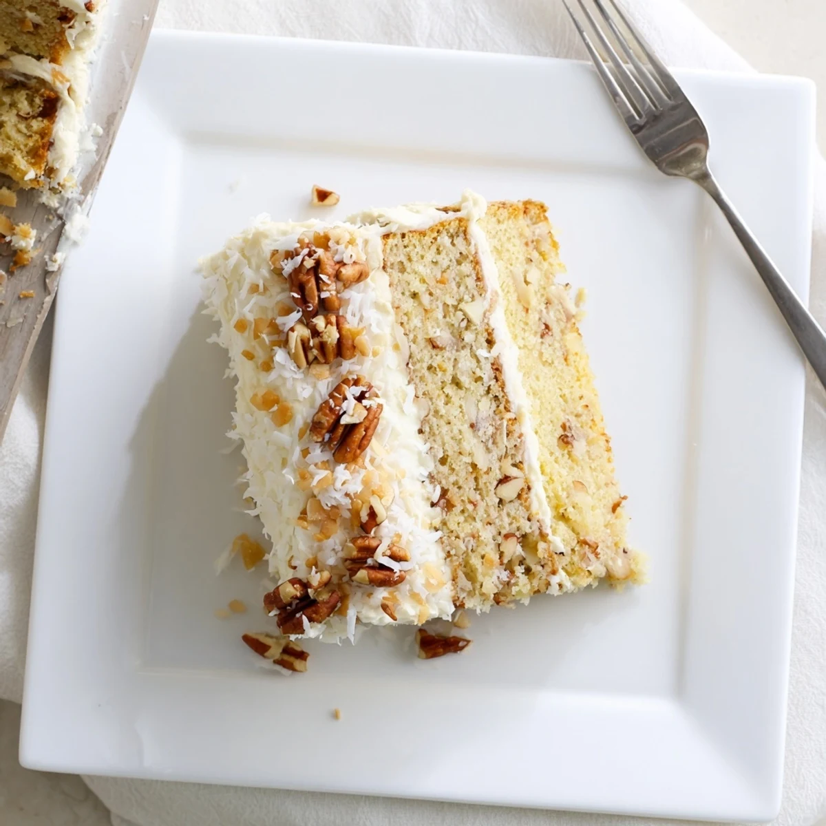 Two-layer Quick Italian Cream Cake drizzled with creamy white frosting and shredded coconut garnish