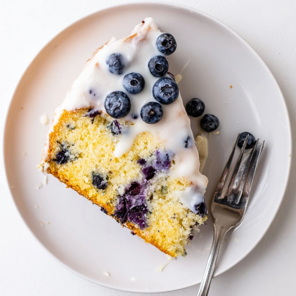 Moist lemon blueberry cake drizzled with white glaze on a serving plate