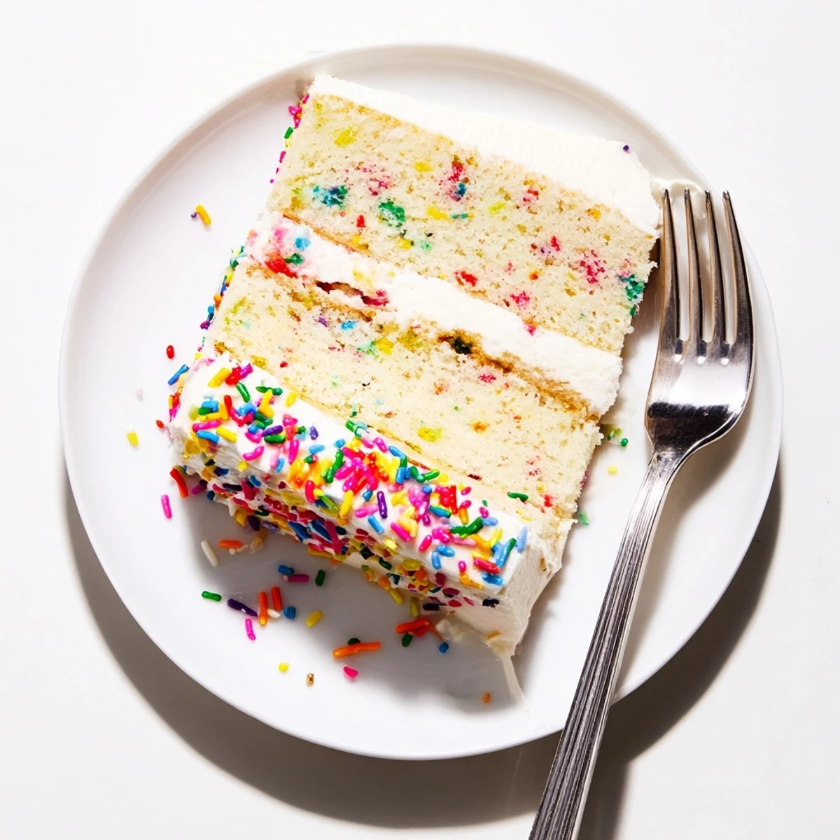 Homemade Funfetti cake with colorful rainbow sprinkles baked into fluffy vanilla layers