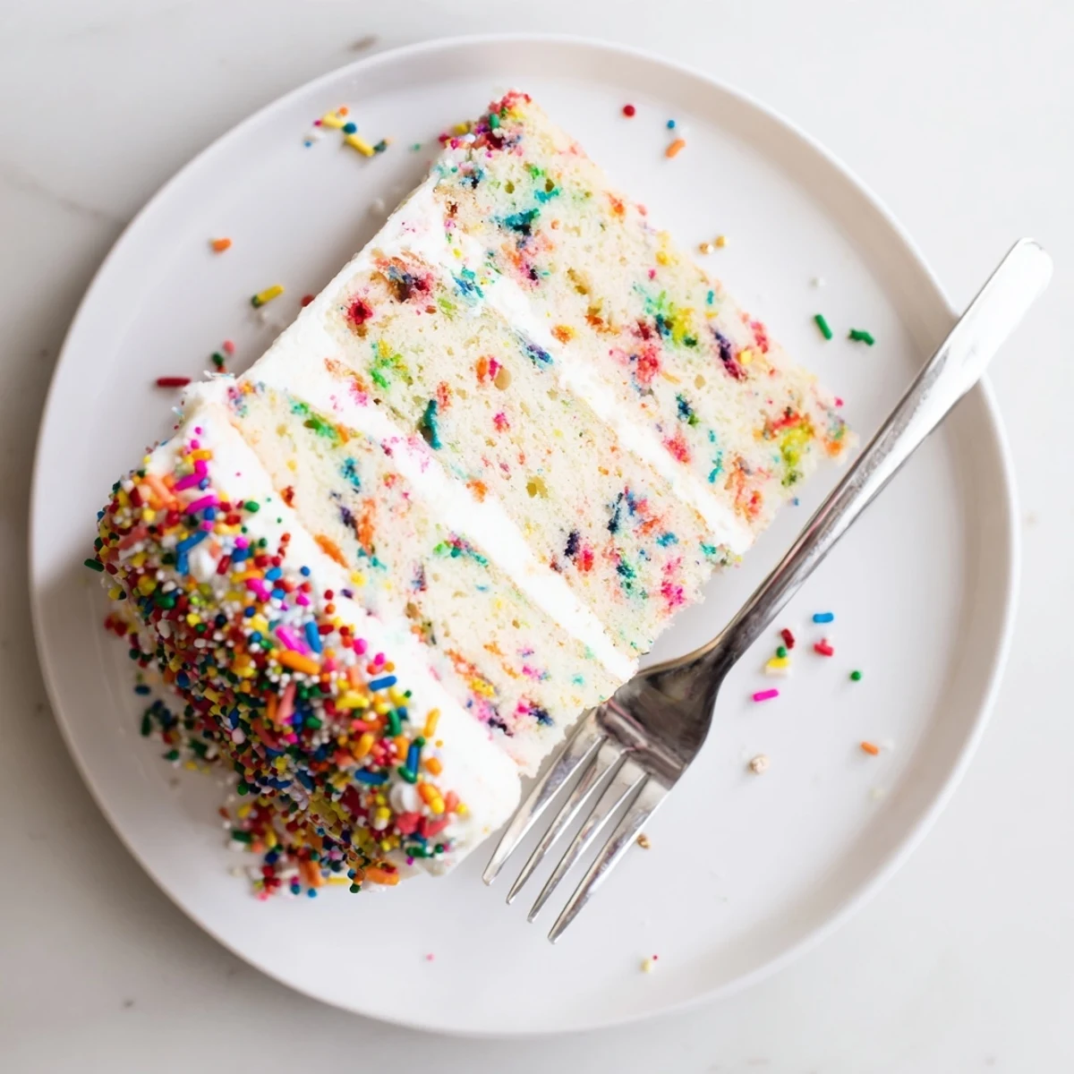 Birthday Funfetti cake topped with creamy white buttercream frosting and extra rainbow sprinkles