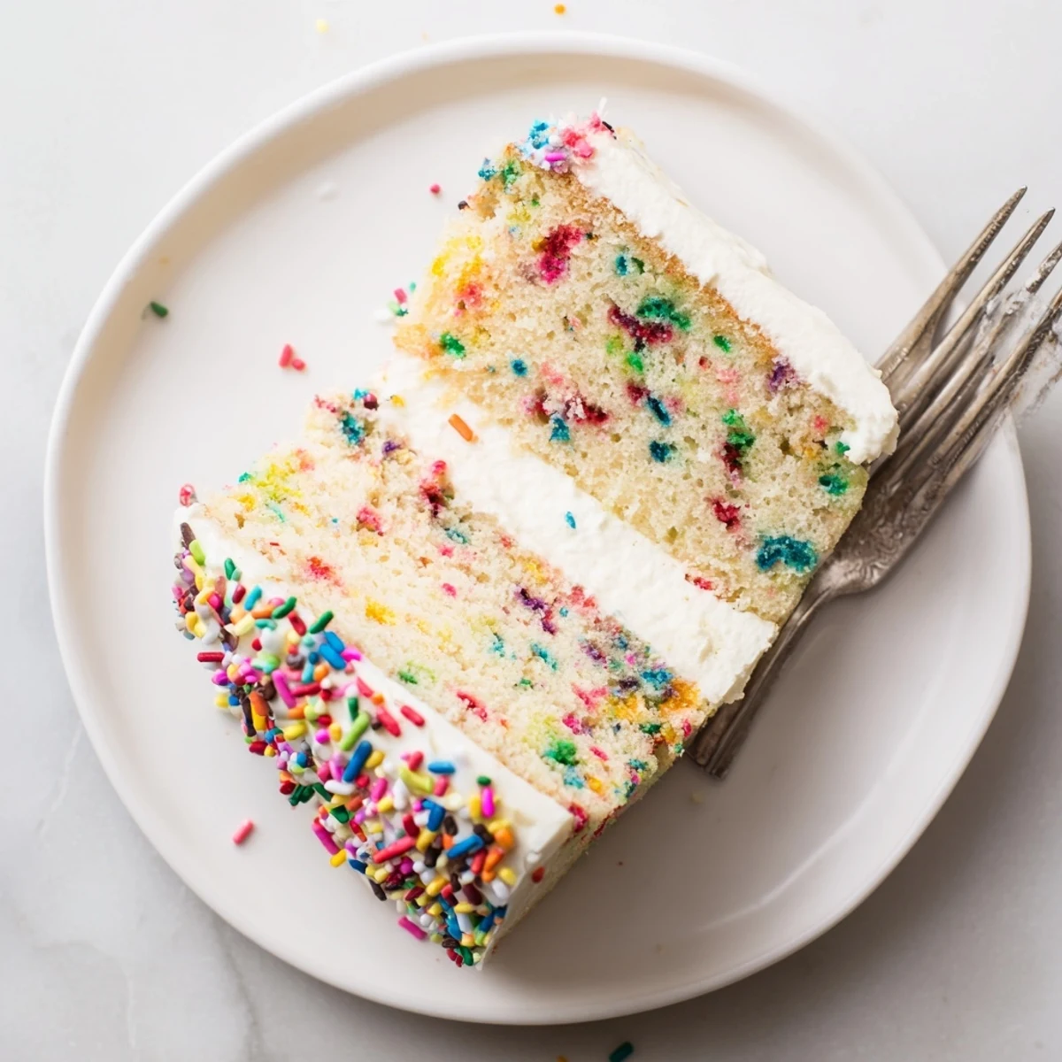 Slice of vanilla Funfetti cake showing speckled rainbow confetti inside the tender crumb