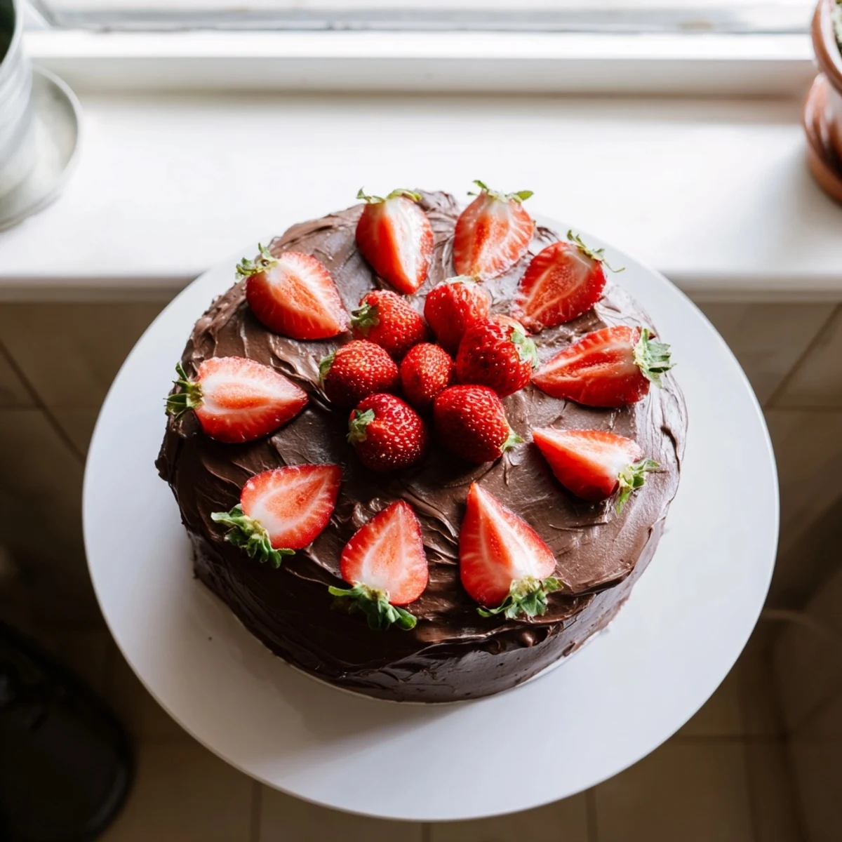 Slice of moist strawberry chocolate cake revealing fresh berry layers inside