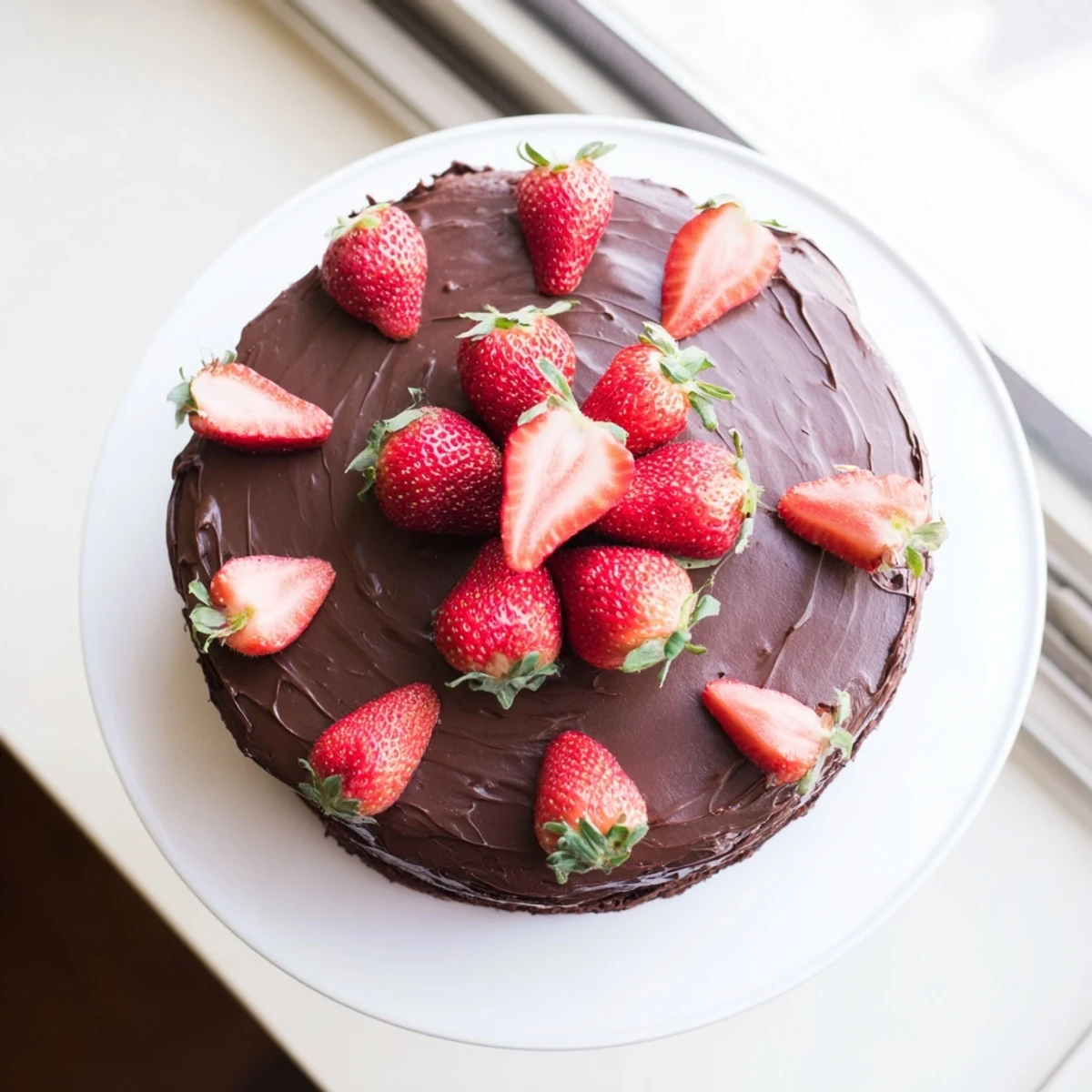 Two-layer strawberry chocolate cake topped with whole fresh strawberries and chocolate glaze