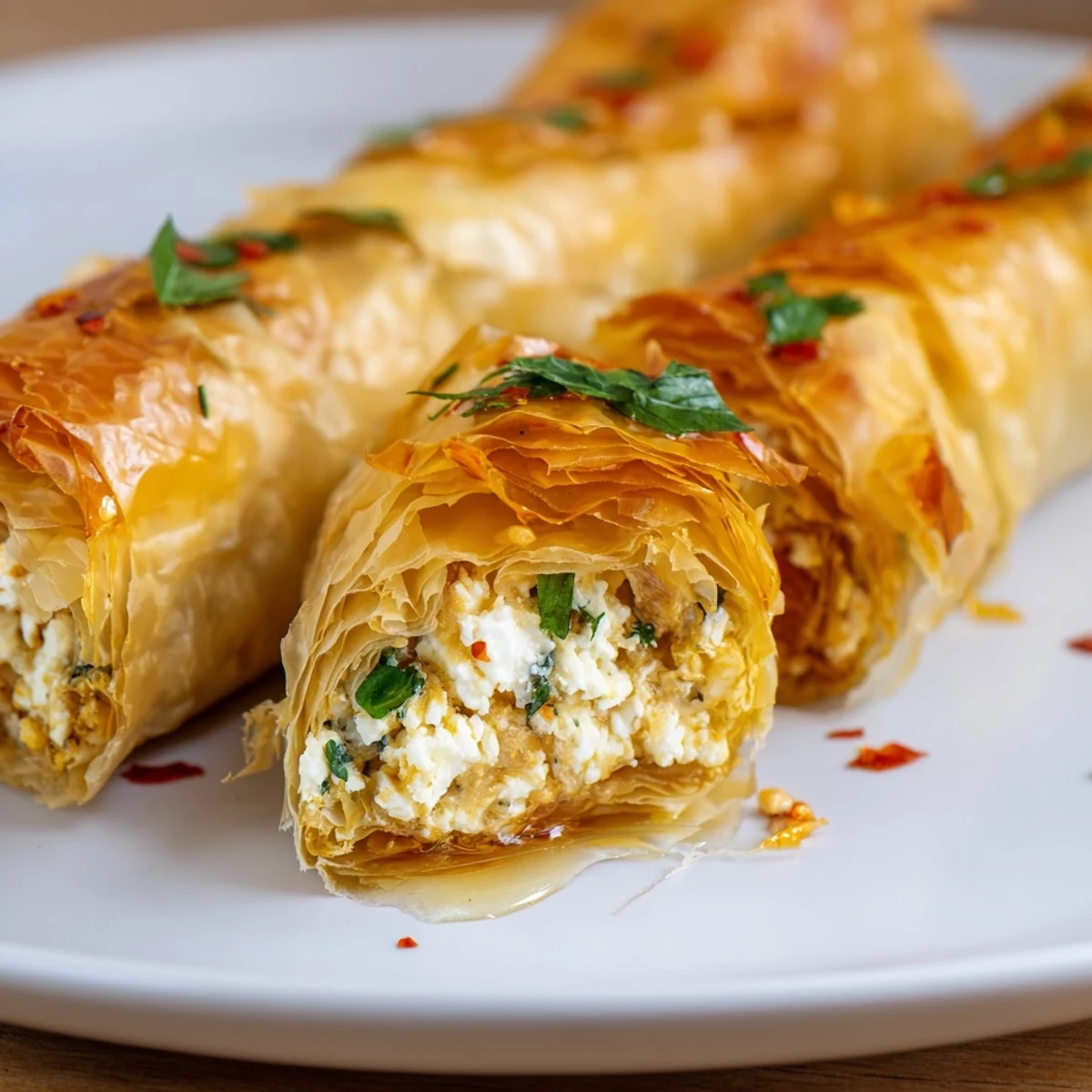 Crispy baked phyllo rolls stuffed with creamy feta cheese and parsley topped warm honey