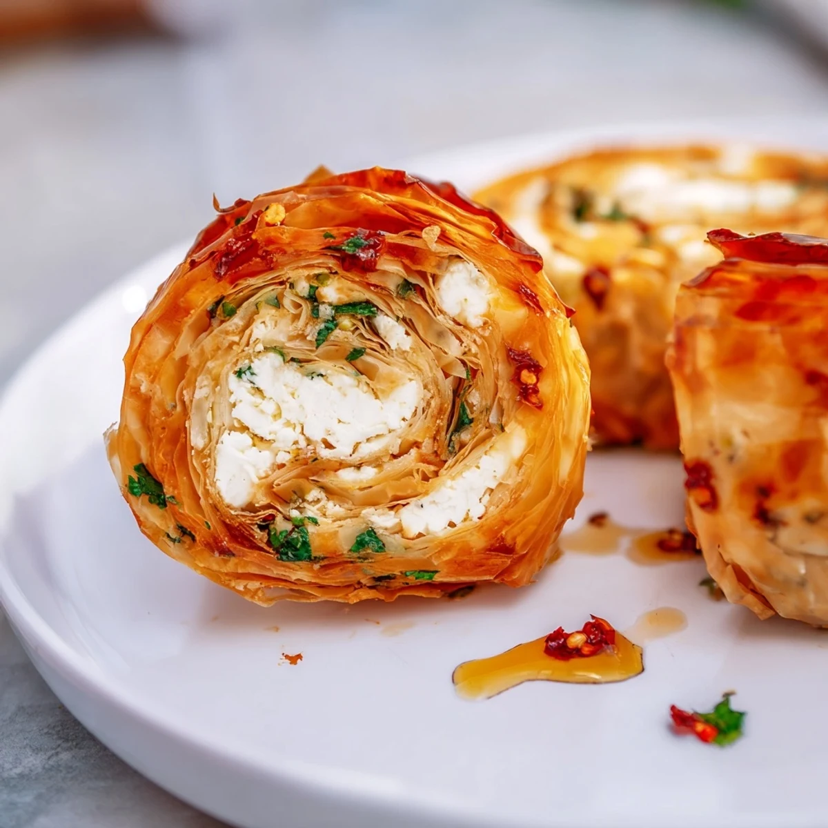 Golden oven fried feta rolls drizzled with sweet spicy chili honey on white plate
