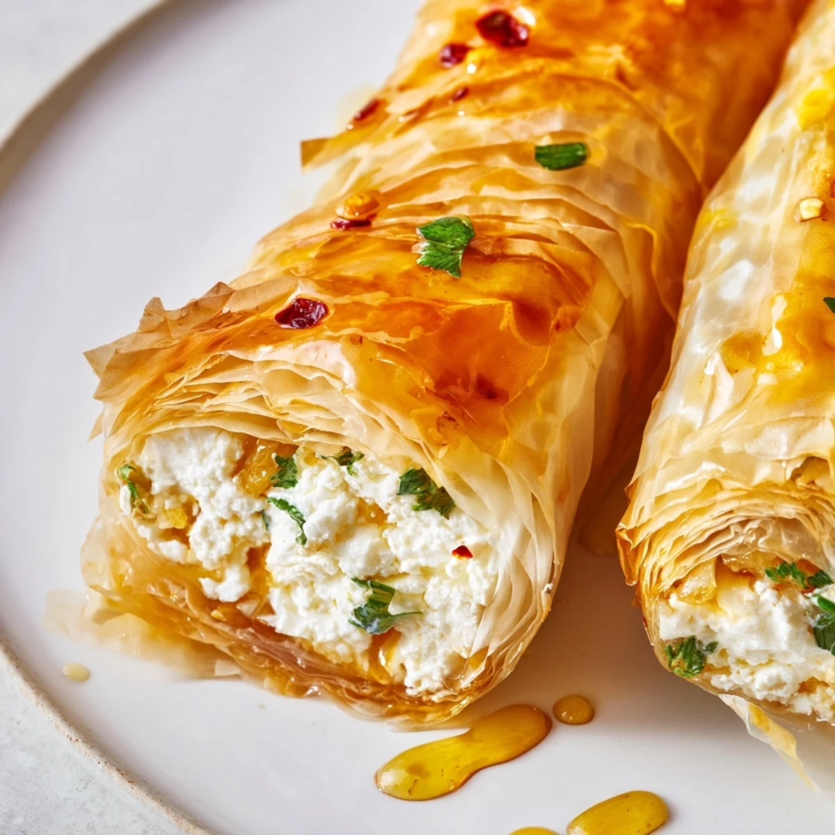 Mediterranean appetizer of golden feta rolls glistening with chili honey glaze on rustic wooden board