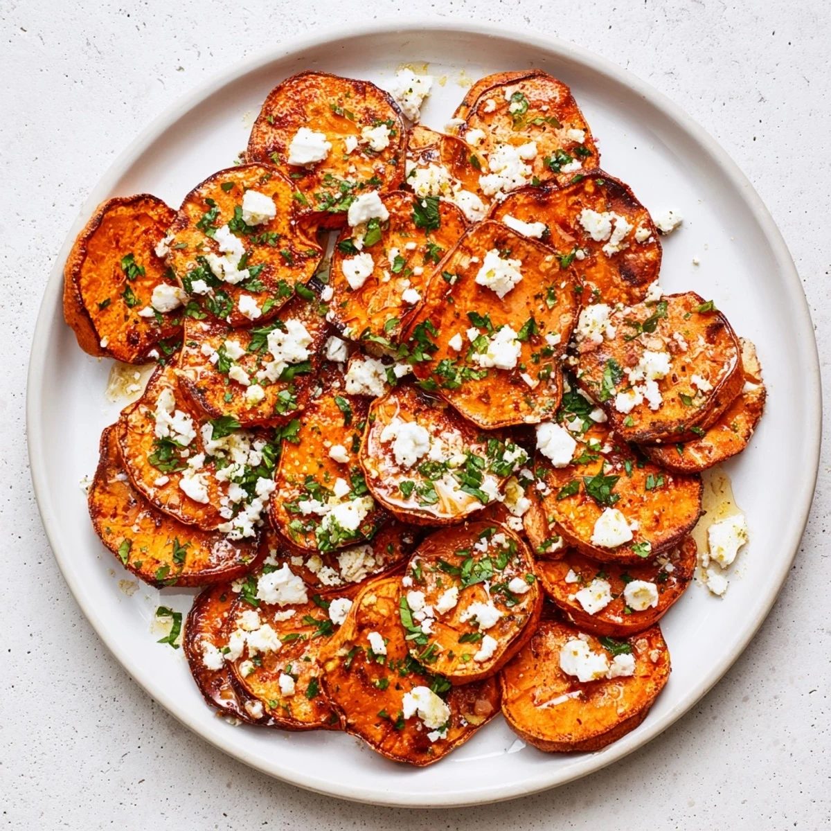 Mediterranean-style roasted sweet potato rounds garnished with fresh parsley and honey feta topping