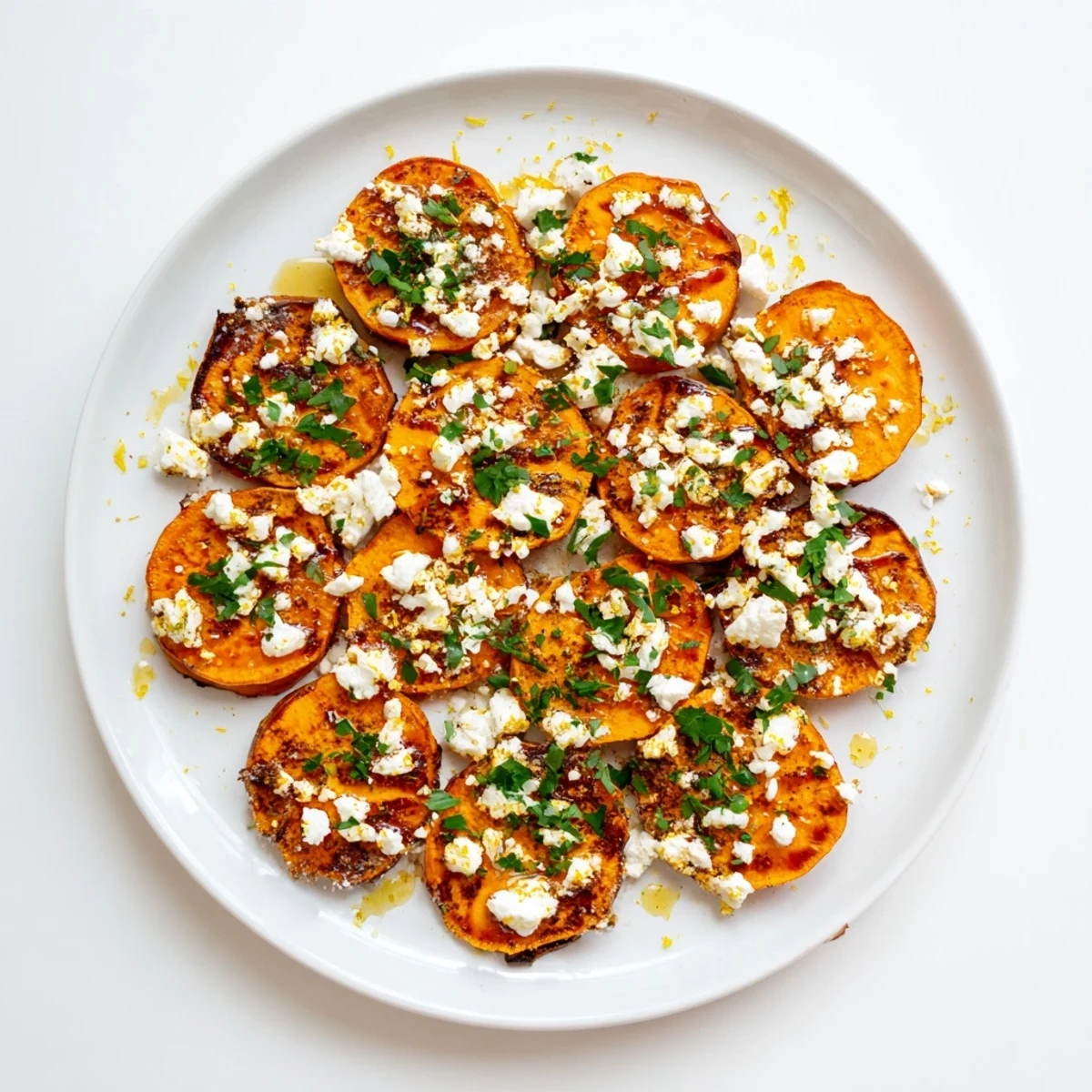 Caramelized sweet potato rounds with creamy feta cheese and honey on a serving platter