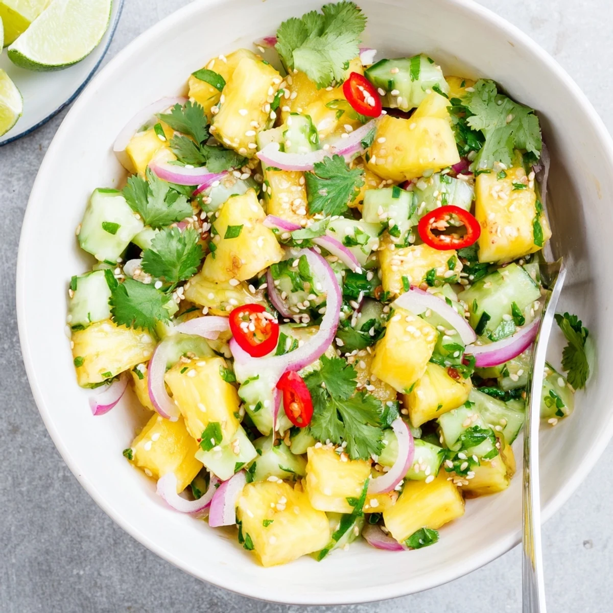 Refreshing pineapple cucumber salad with green cilantro in a white serving bowl