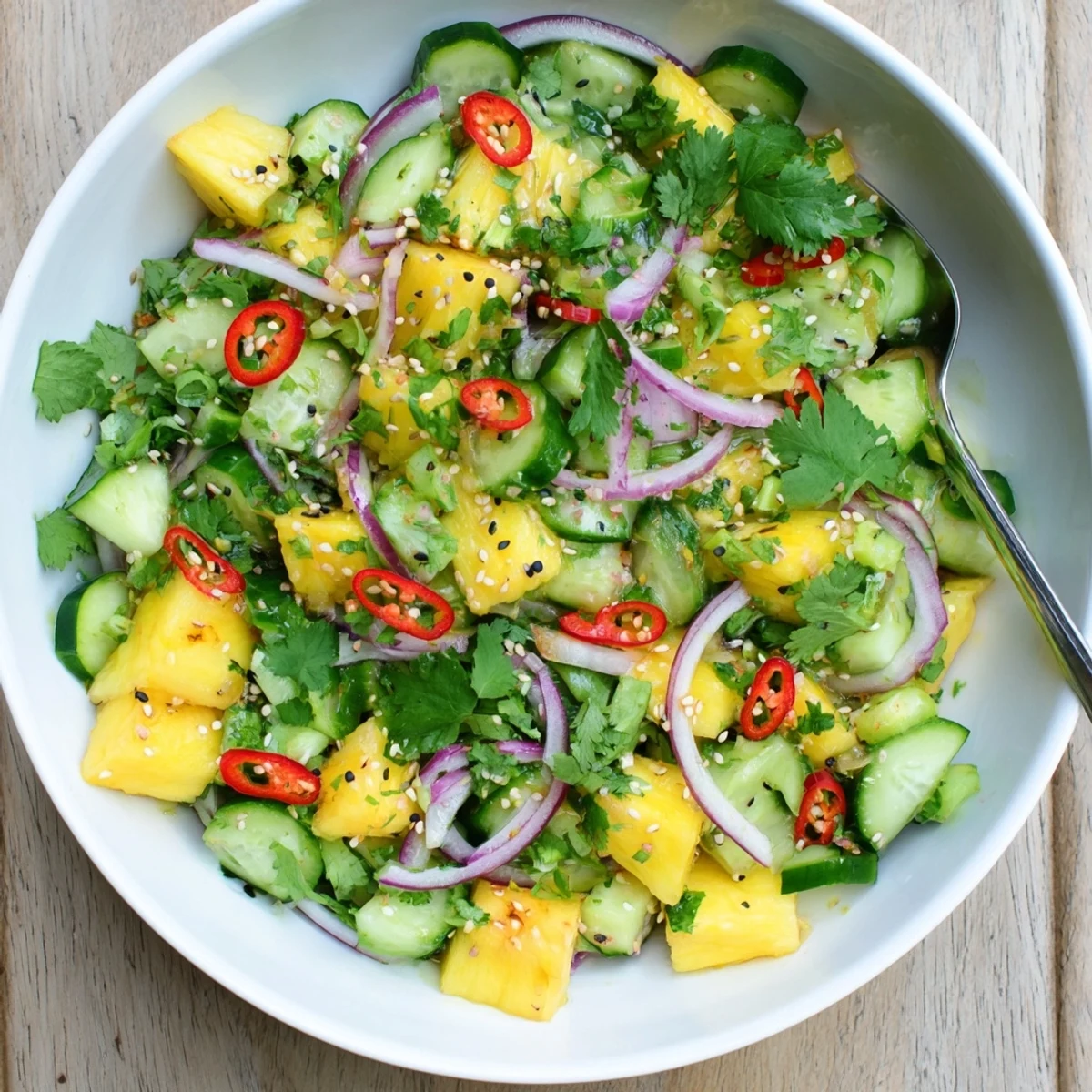 Colorful bowl of pineapple cucumber salad tossed with zesty lime dressing and red onion