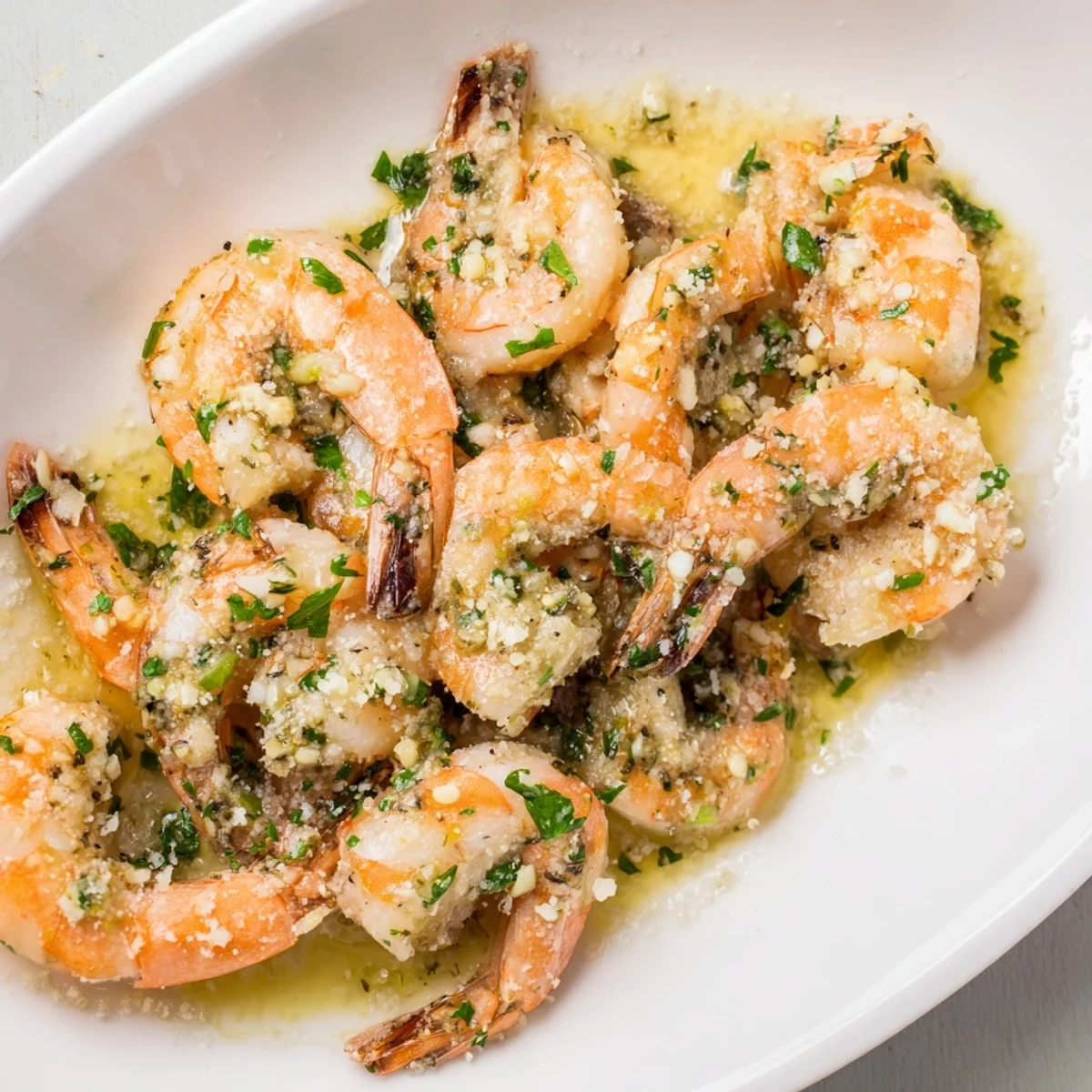 Golden garlic Parmesan shrimp skillet with juicy shrimp in melted butter