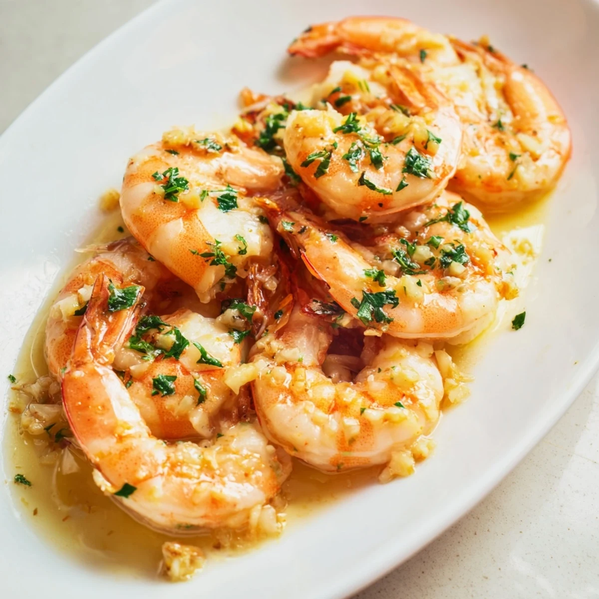 Restaurant-style Ruth's Chris Garlic Parmesan Shrimp Skillet topped with fresh parsley and lemon wedges