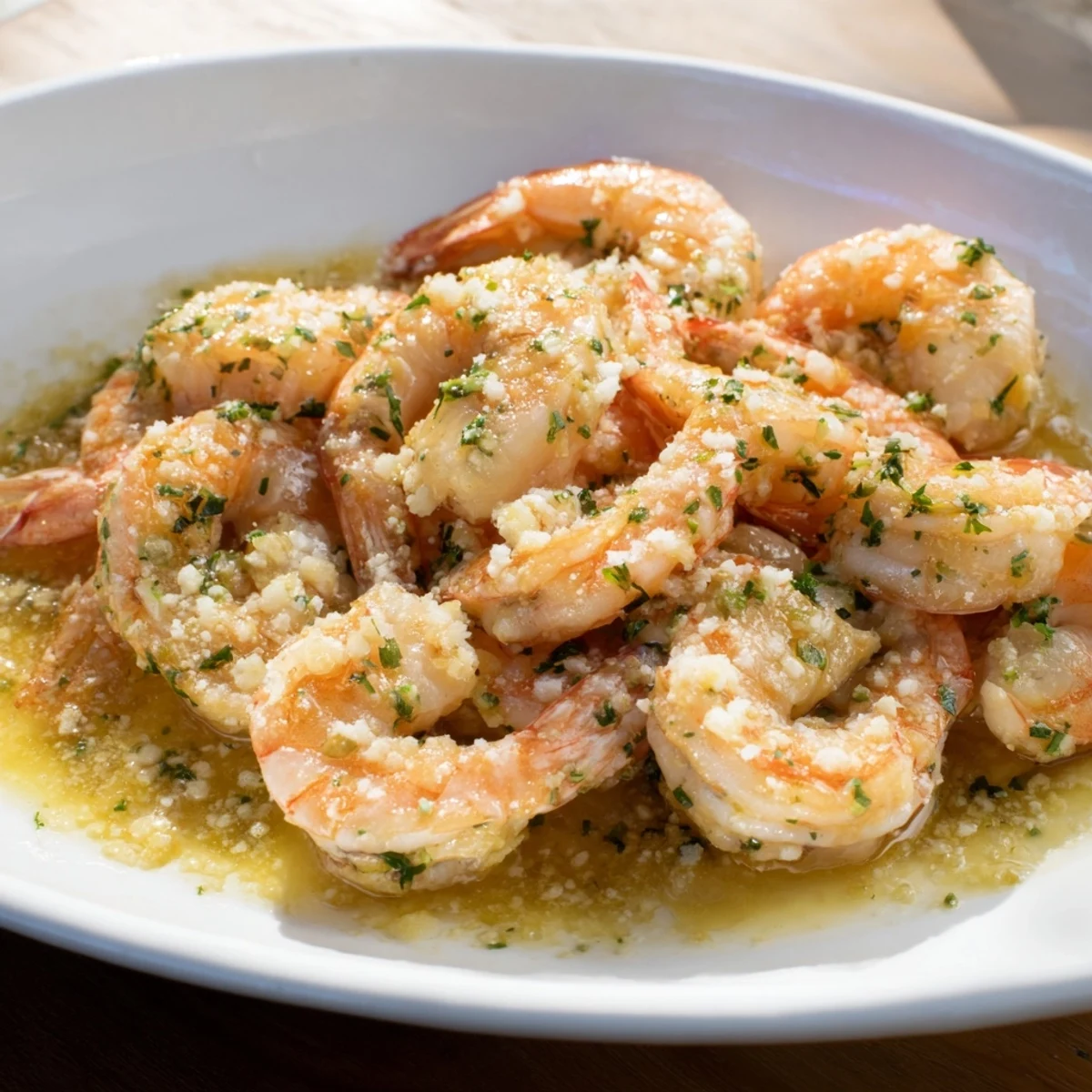 Sizzling skillet of tender garlic butter shrimp with melted Parmesan cheese and red pepper flakes