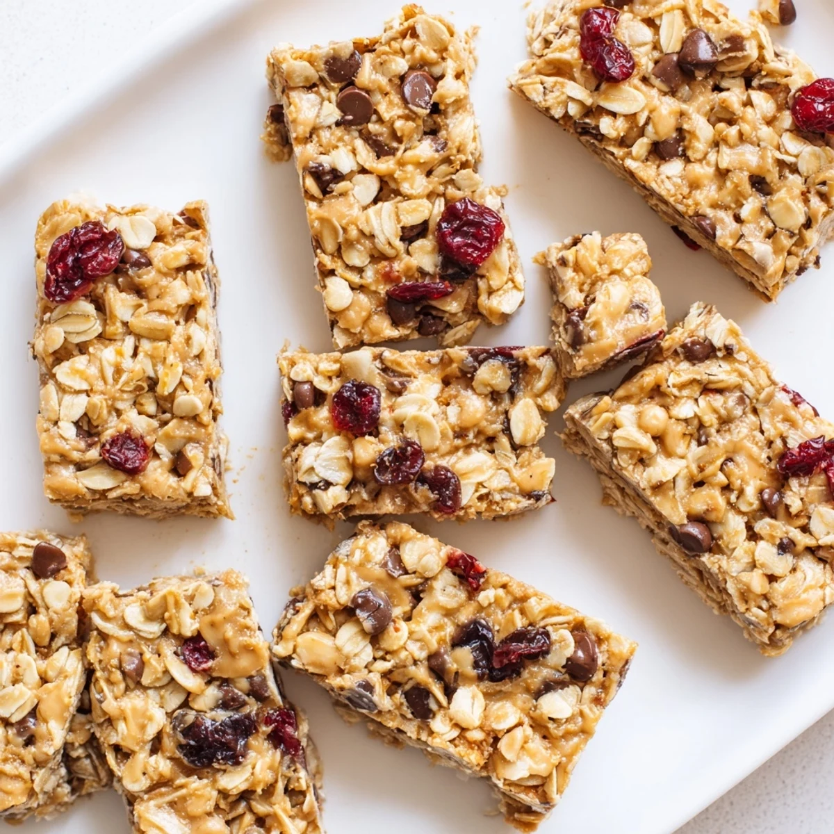 Golden no bake oat bars studded with chocolate chips and dried cranberries on a wooden cutting board