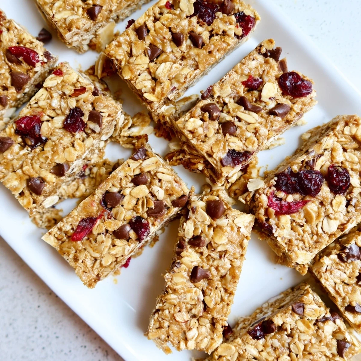 Chewy peanut butter honey oat bars pressed into a square pan and ready for refrigeration