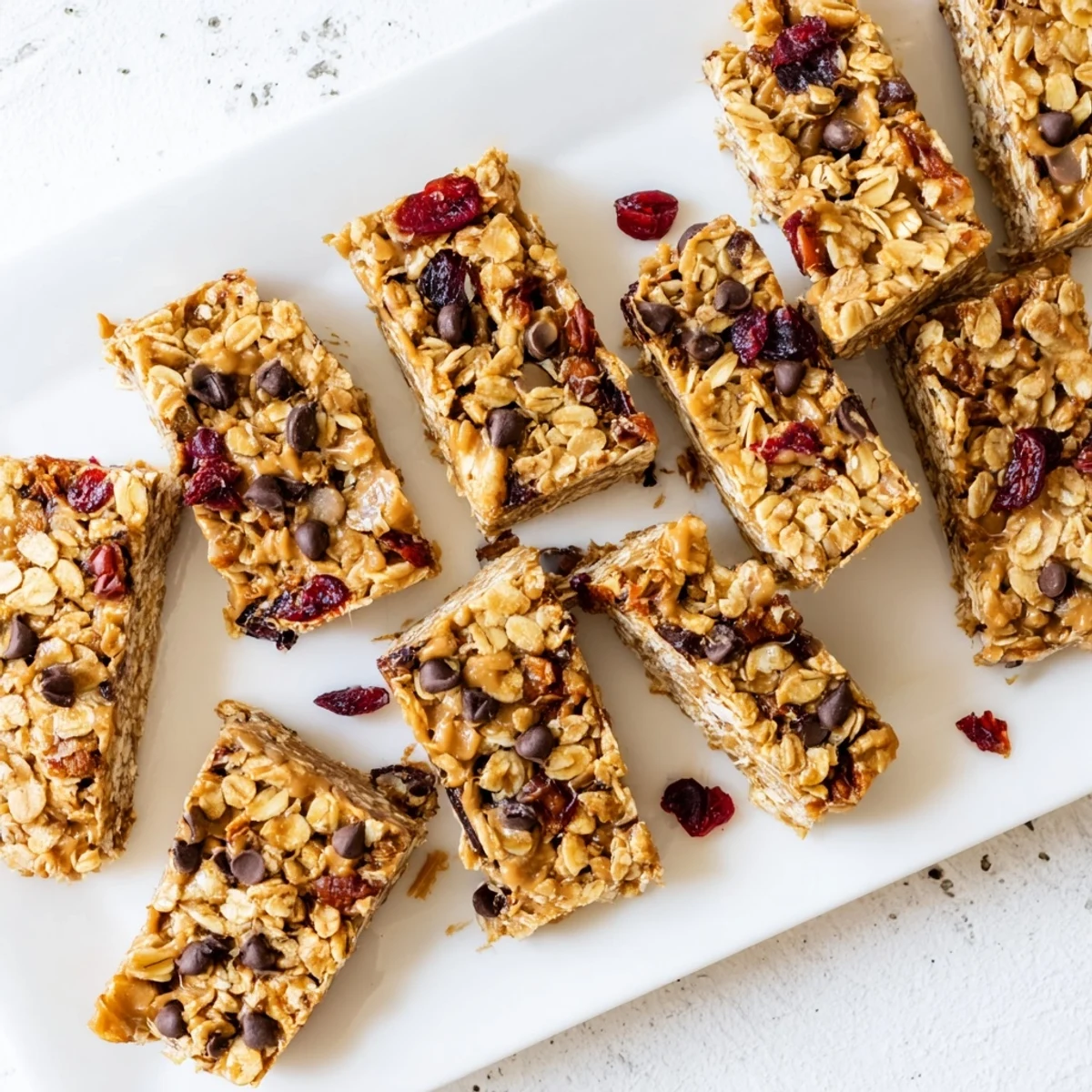 Homemade no bake oat bars cut into squares featuring chopped nuts and sweet dried fruit