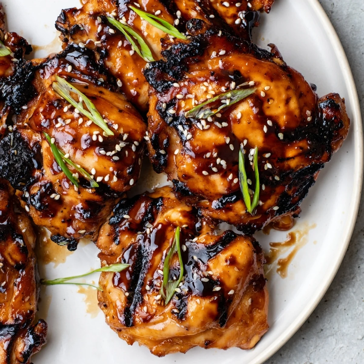 Grilled Japanese BBQ Chicken Thighs glistening with sticky sauce and sesame seeds
