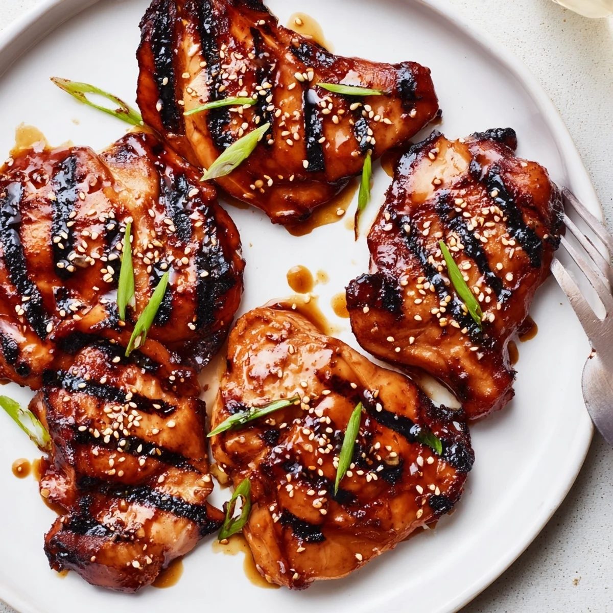 Smoky Japanese BBQ Chicken Thighs sliced, served hot beside steamed vegetables