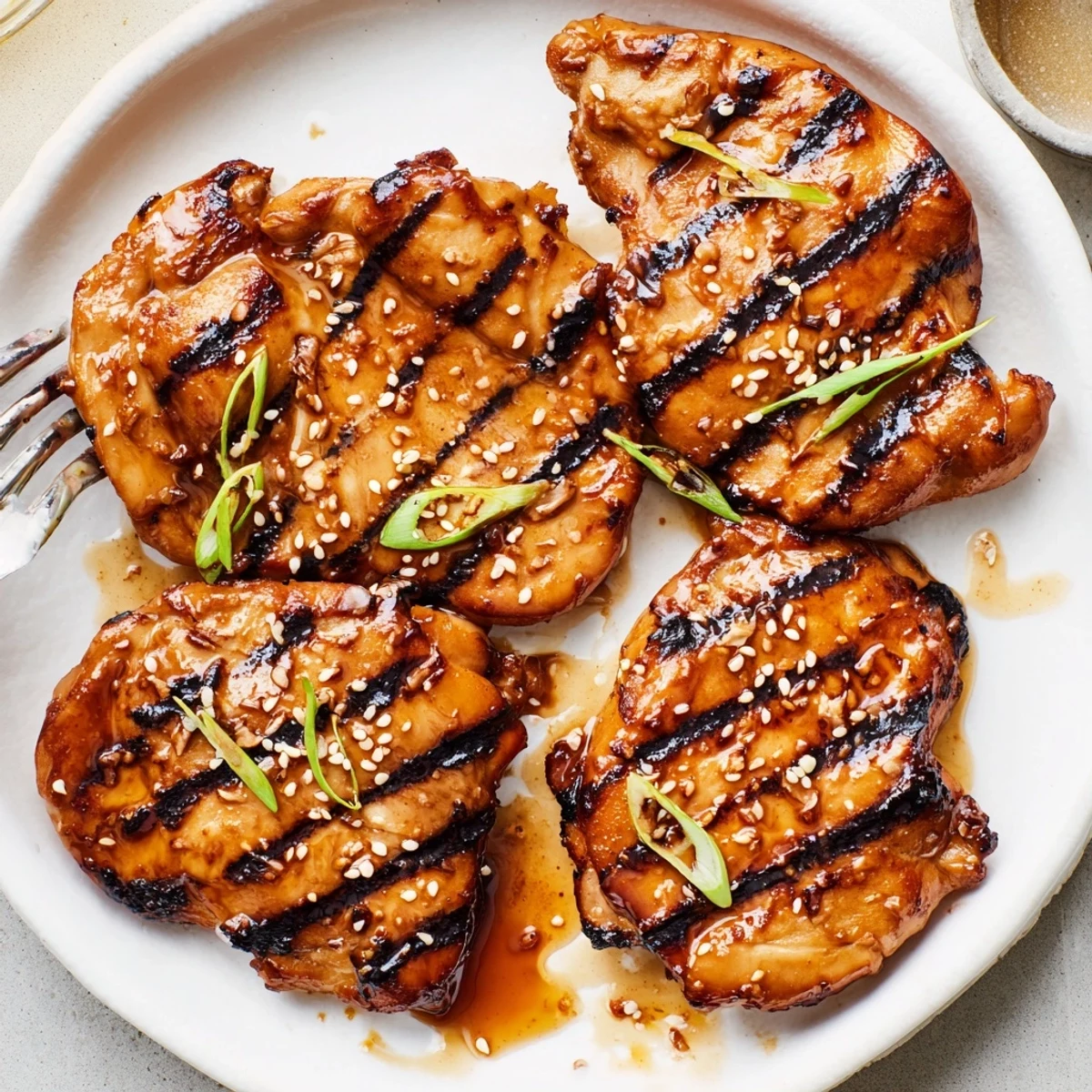 Caramelized Japanese BBQ Chicken Thighs on a platter with scallions and rice