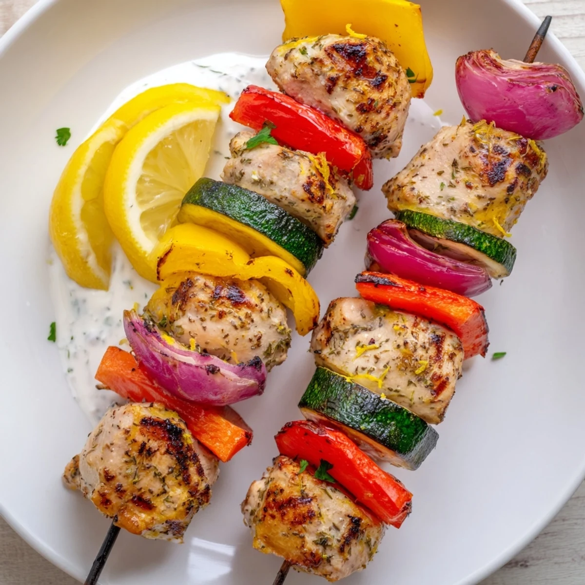 Greek Marinated Chicken Kabobs sizzling on grill, charred edges, lemon wedges nearby
