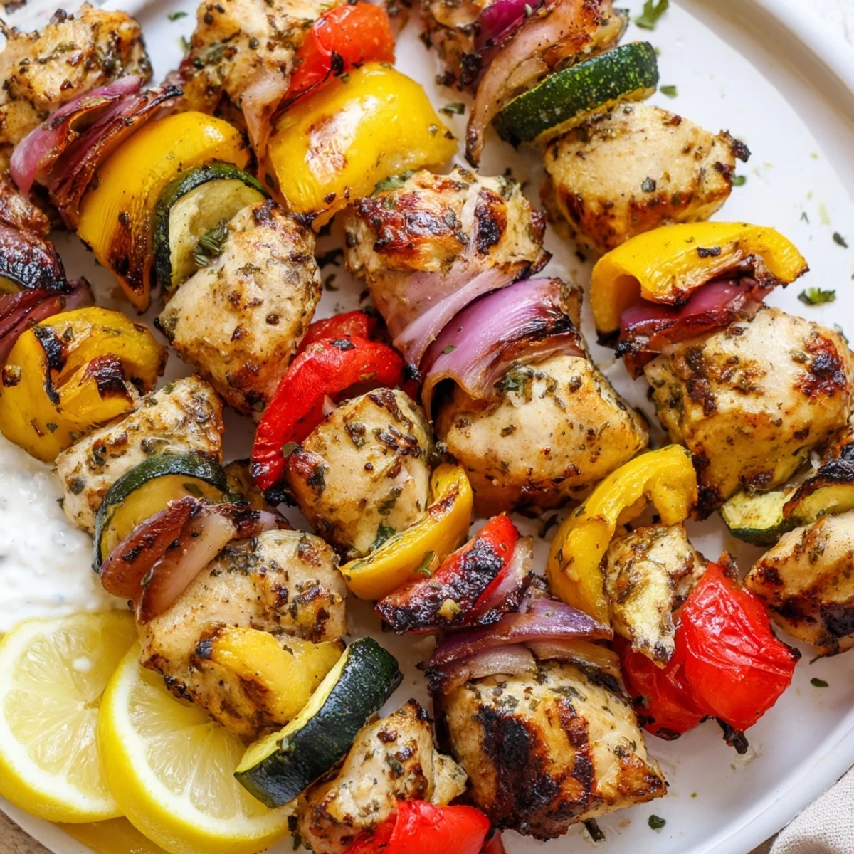 Plate of Greek Marinated Chicken Kabobs with bright peppers, tzatziki dollop, parsley