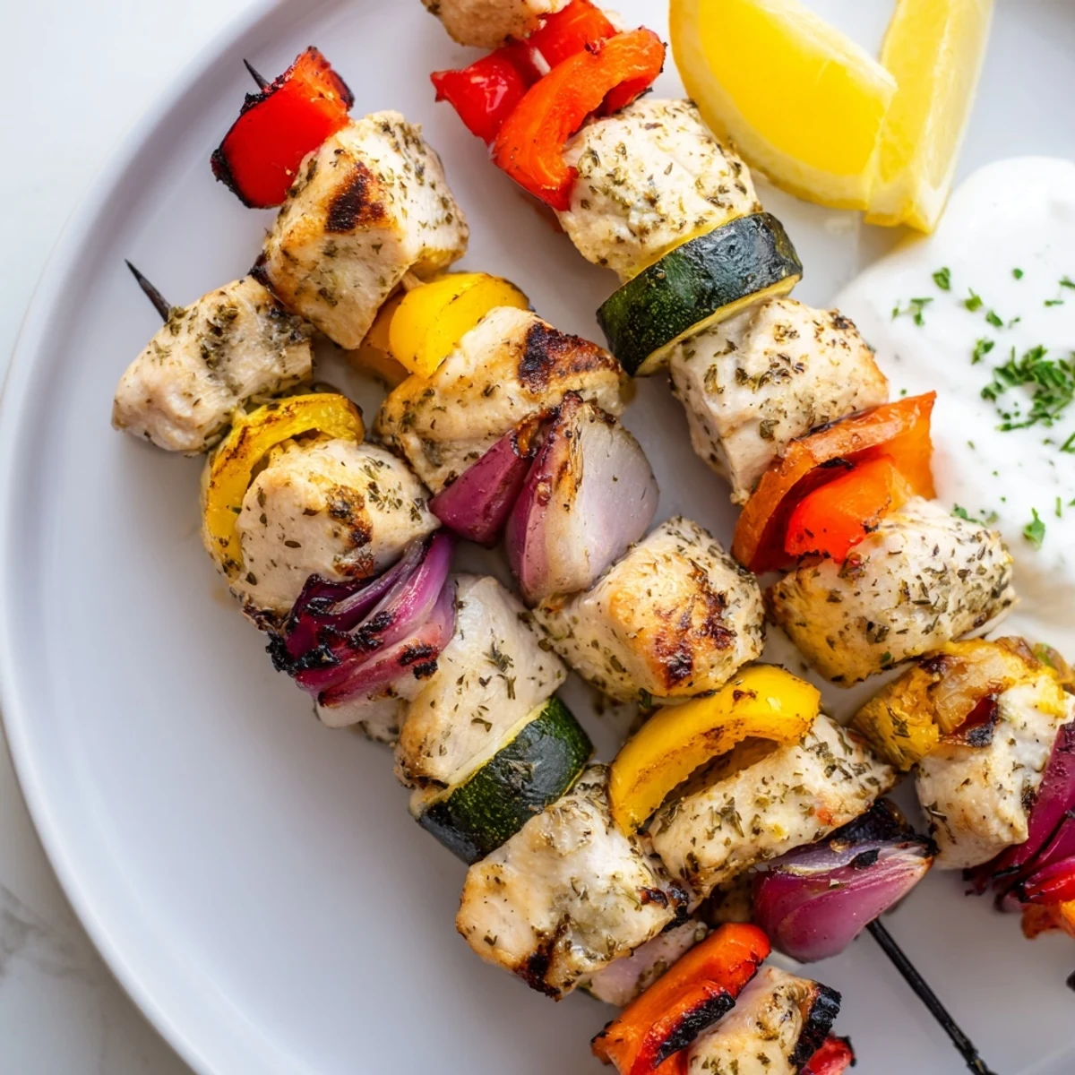 Close-up of Greek Marinated Chicken Kabobs, juicy cubes, charred peppers, lemon zest