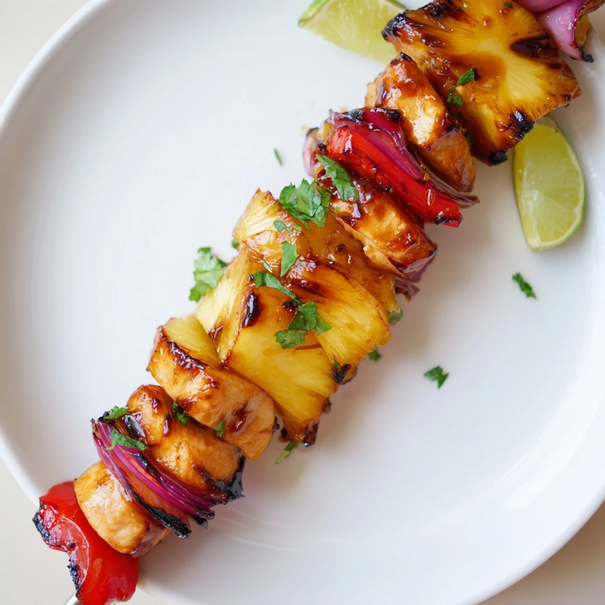 Grilled Pineapple Chicken Kabobs with charred edges, glossy glaze and lime wedges