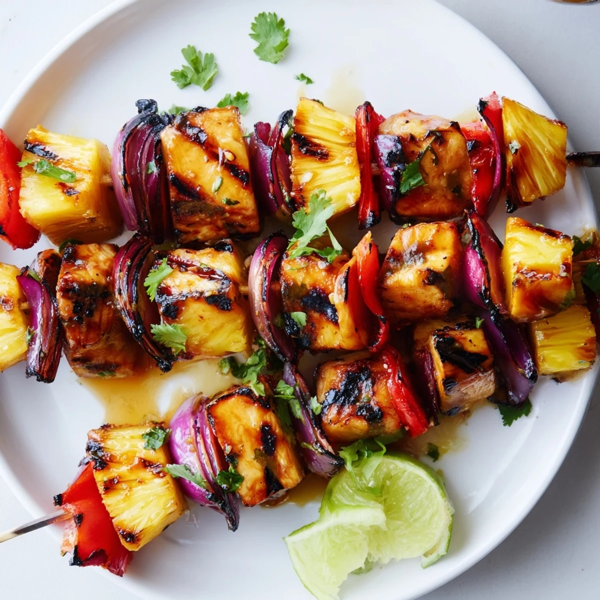Smoky Grilled Pineapple Chicken Kabobs on skewers served over coconut rice
