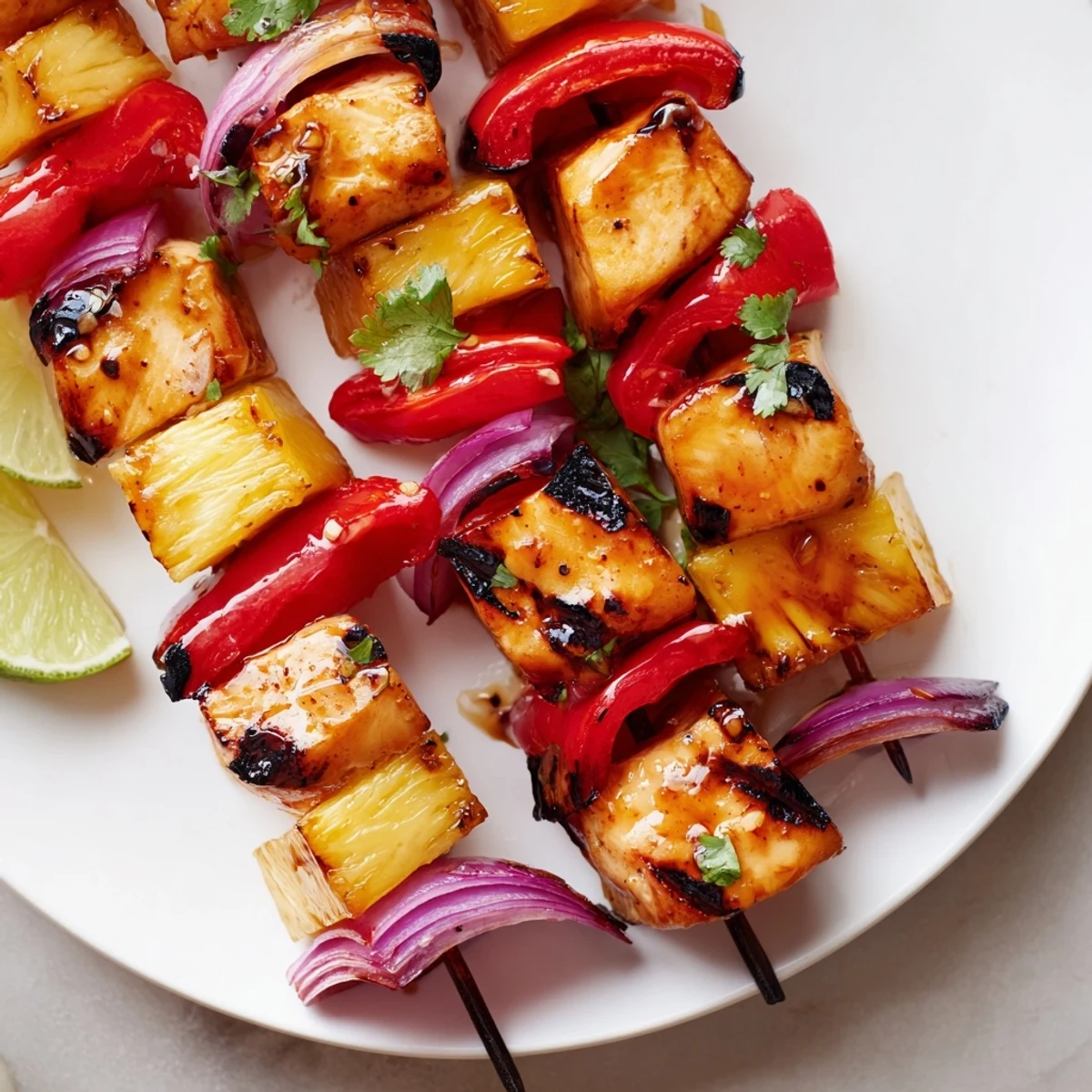 Colorful Grilled Pineapple Chicken Kabobs garnished with cilantro, juicy pineapple bites