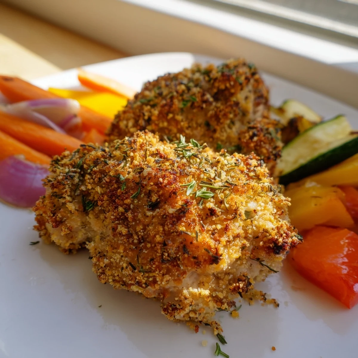 Golden herb crusted chicken breast roasted beside colorful bell peppers, carrots, and zucchini on a white serving platter