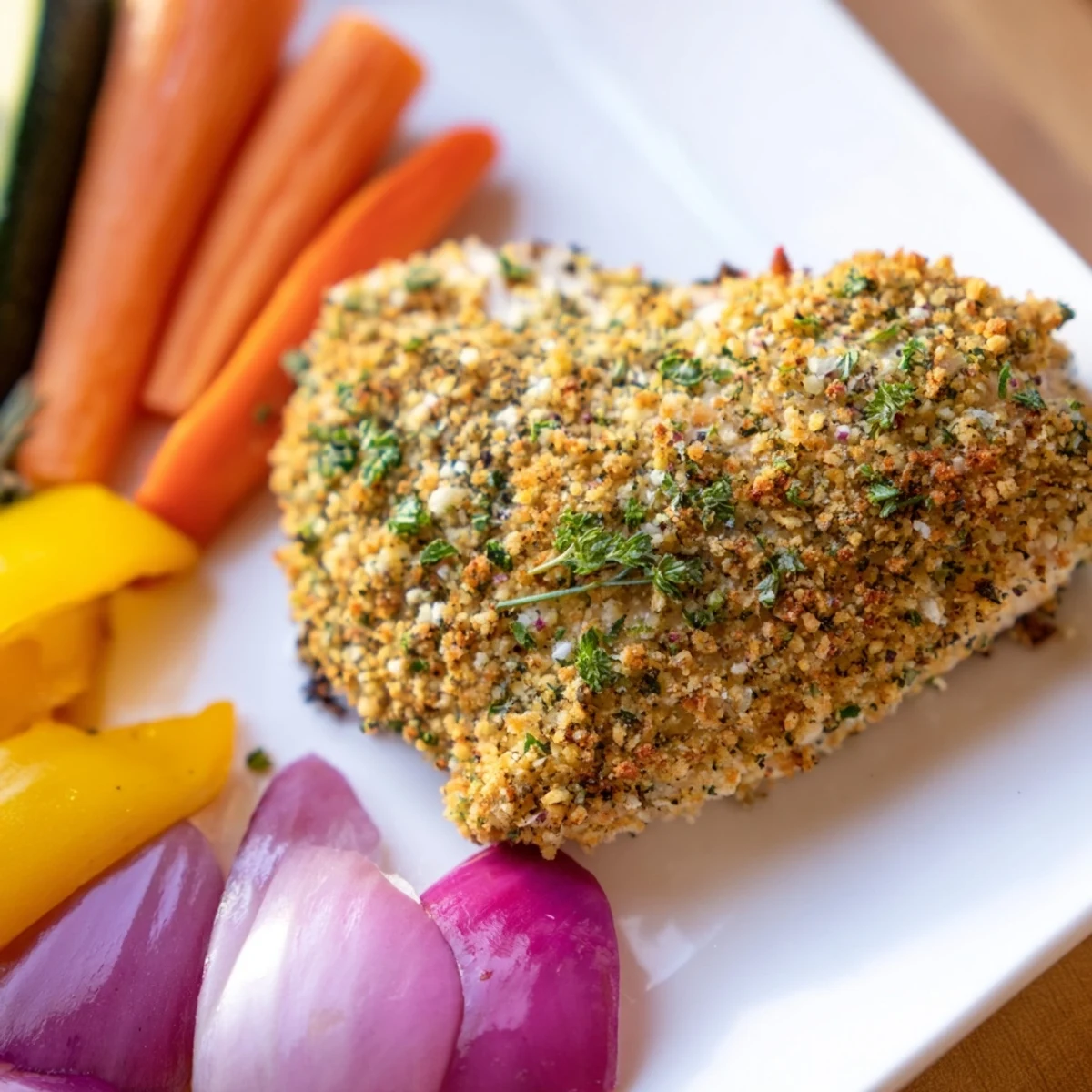 Juicy herb crusted chicken with mustard glaze arranged alongside tender seasonal vegetables on a rustic wooden board