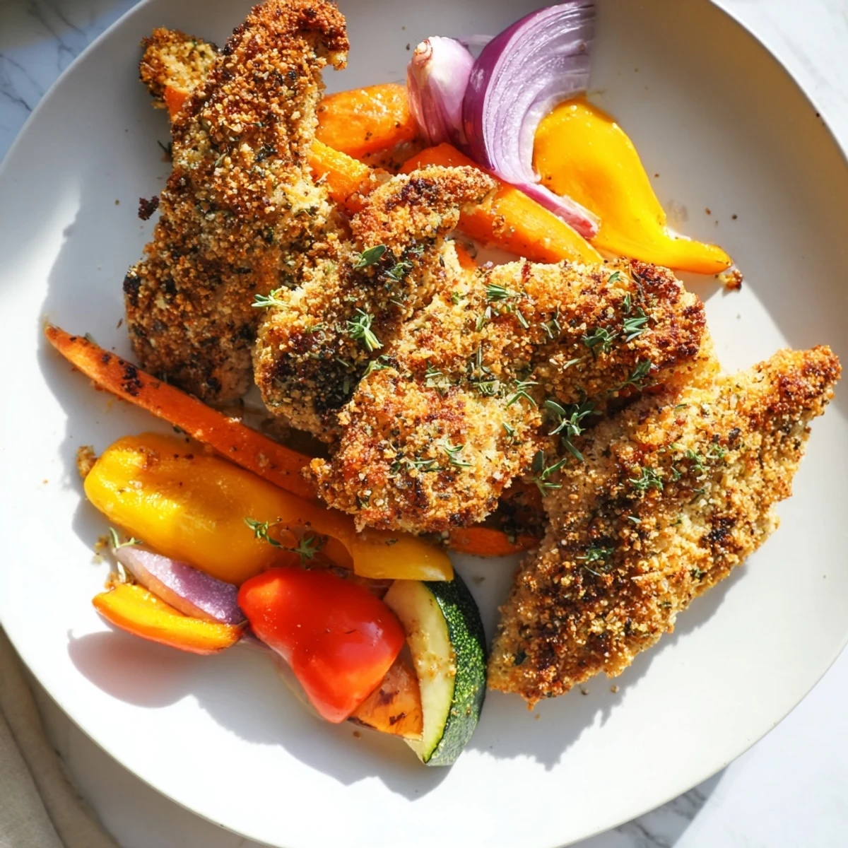 Crispy breadcrumb coated chicken with fresh parsley and thyme served with caramelized roasted vegetable medley for a wholesome dinner