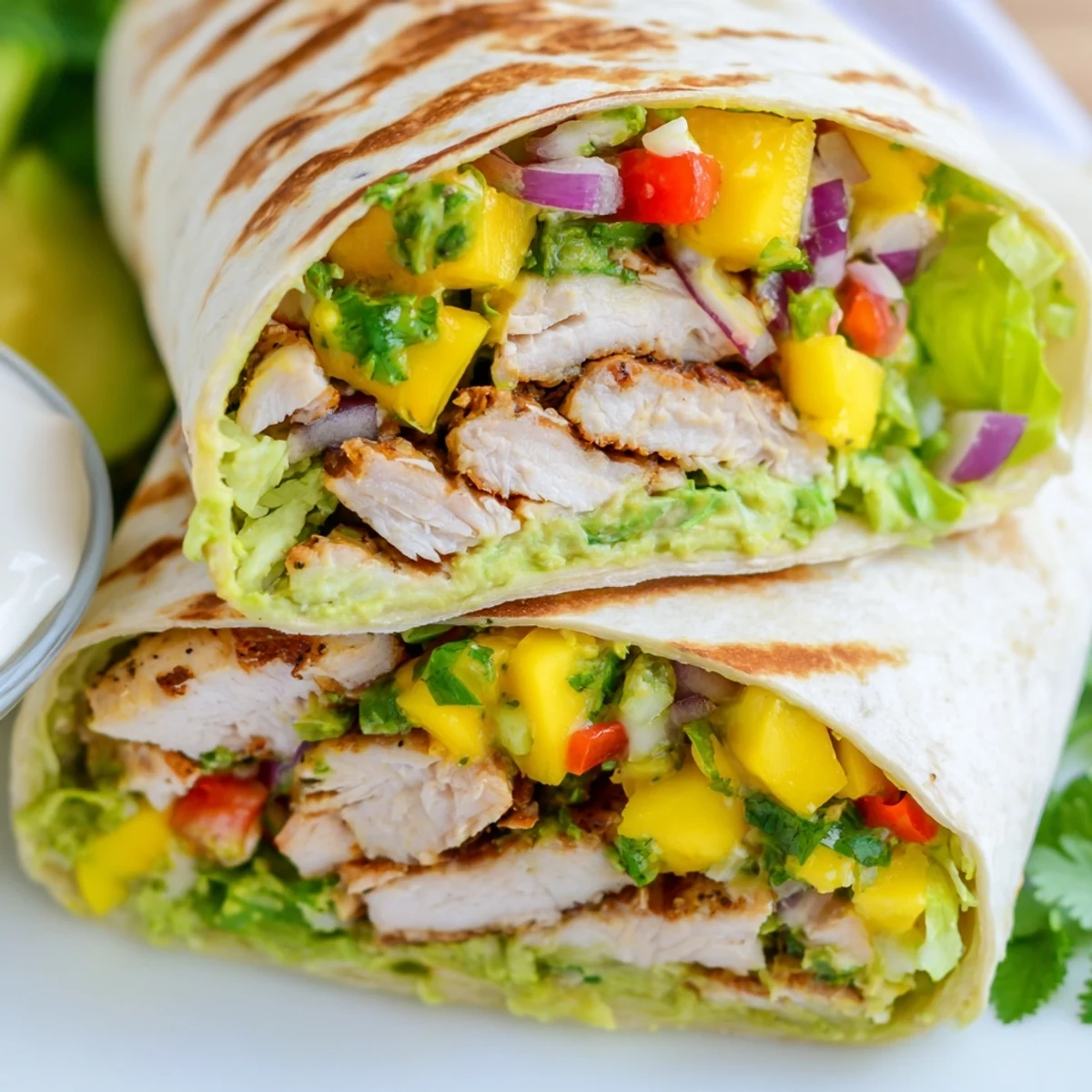Freshly grilled chicken wrapped in warm tortillas topped with creamy avocado mango salsa and crisp lettuce