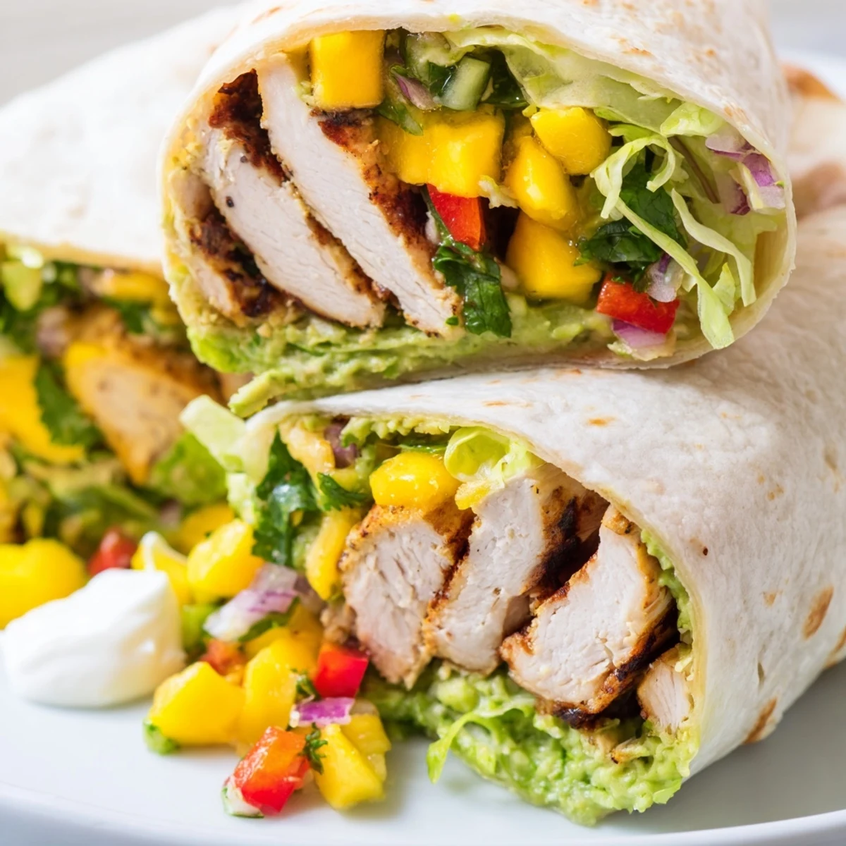 Golden sliced chicken breast layered with vibrant mango avocado salsa inside a soft flour tortilla wrap