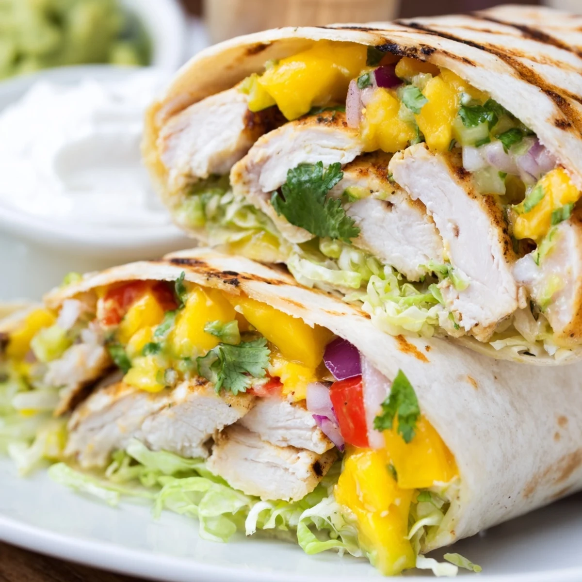 Summer grilled chicken wraps filled with colorful diced avocado mango salsa and fresh shredded lettuce