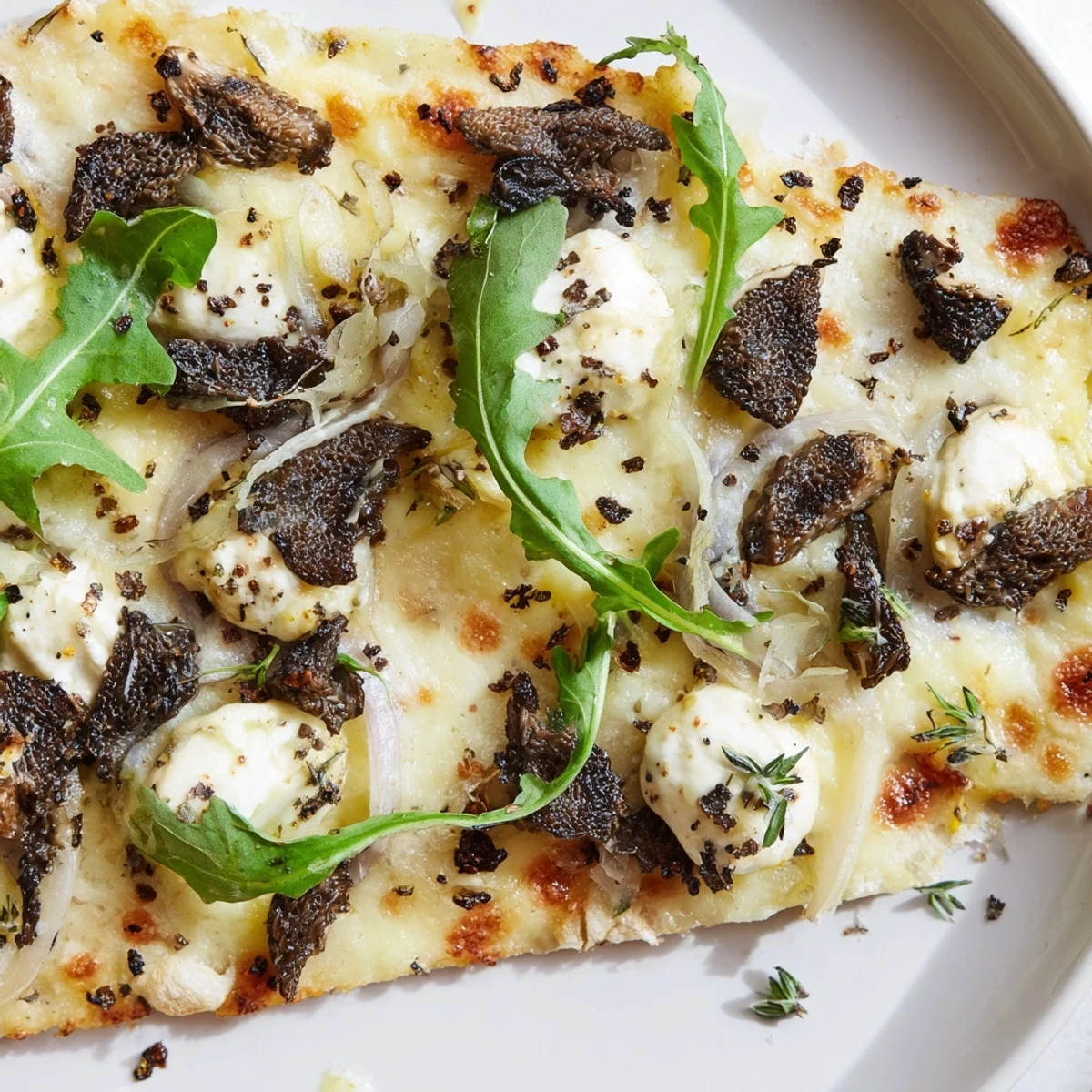 Golden morel mushroom arugula flatbread drizzled with aromatic truffle oil on a rustic wooden board