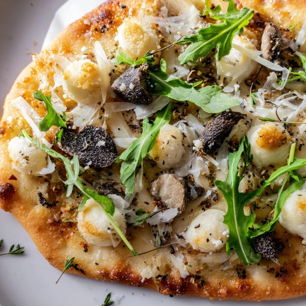 Crispy morel mushroom arugula flatbread with bubbling mozzarella and luxurious truffle oil finish