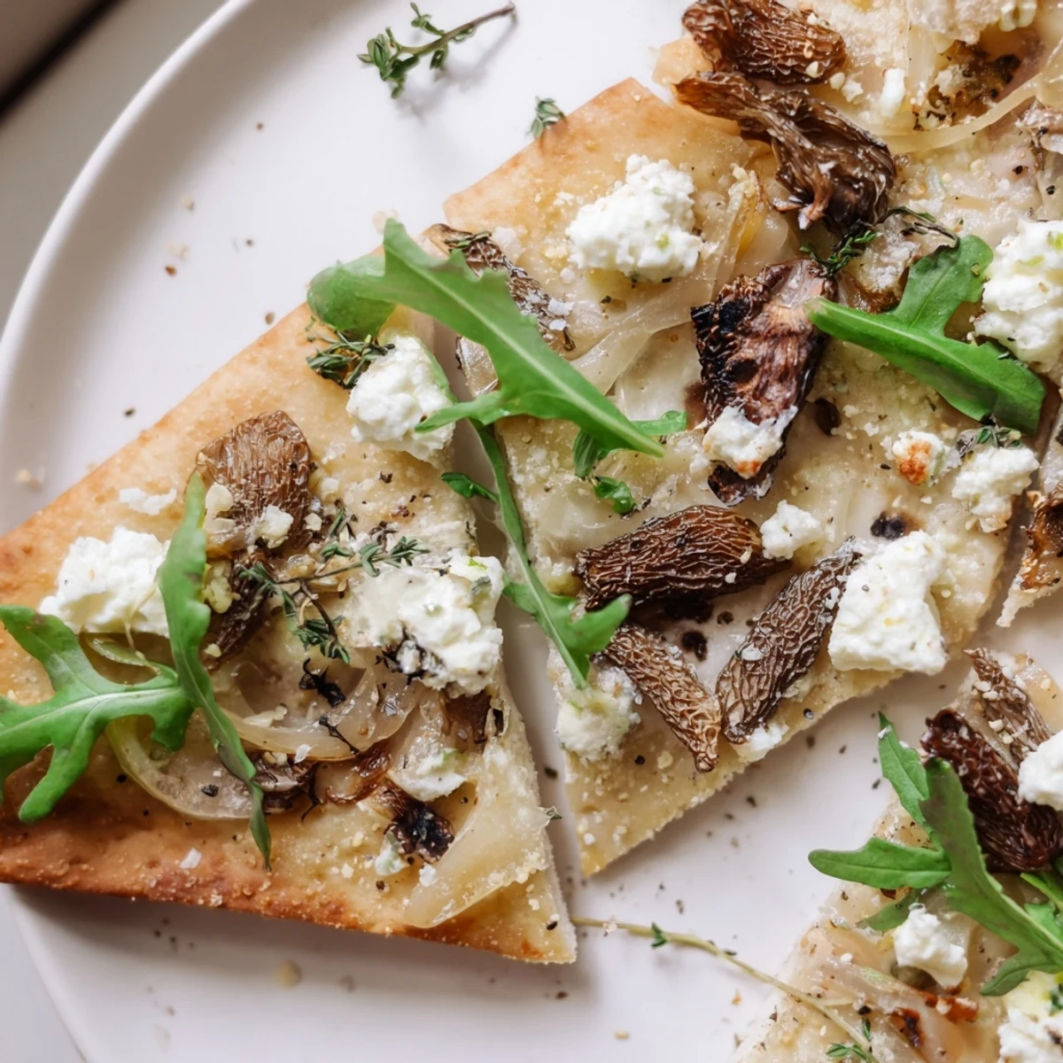 Gourmet flatbread topped with sautéed morel mushrooms, fresh peppery arugula, and melted cheeses