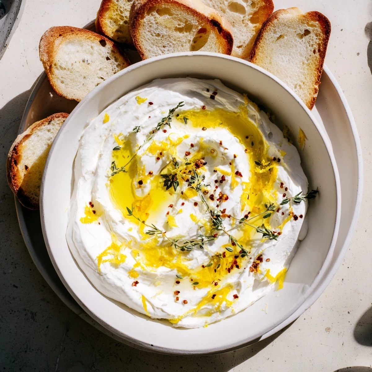 Creamy whipped ricotta topped with olive oil and fresh herbs served on wooden board