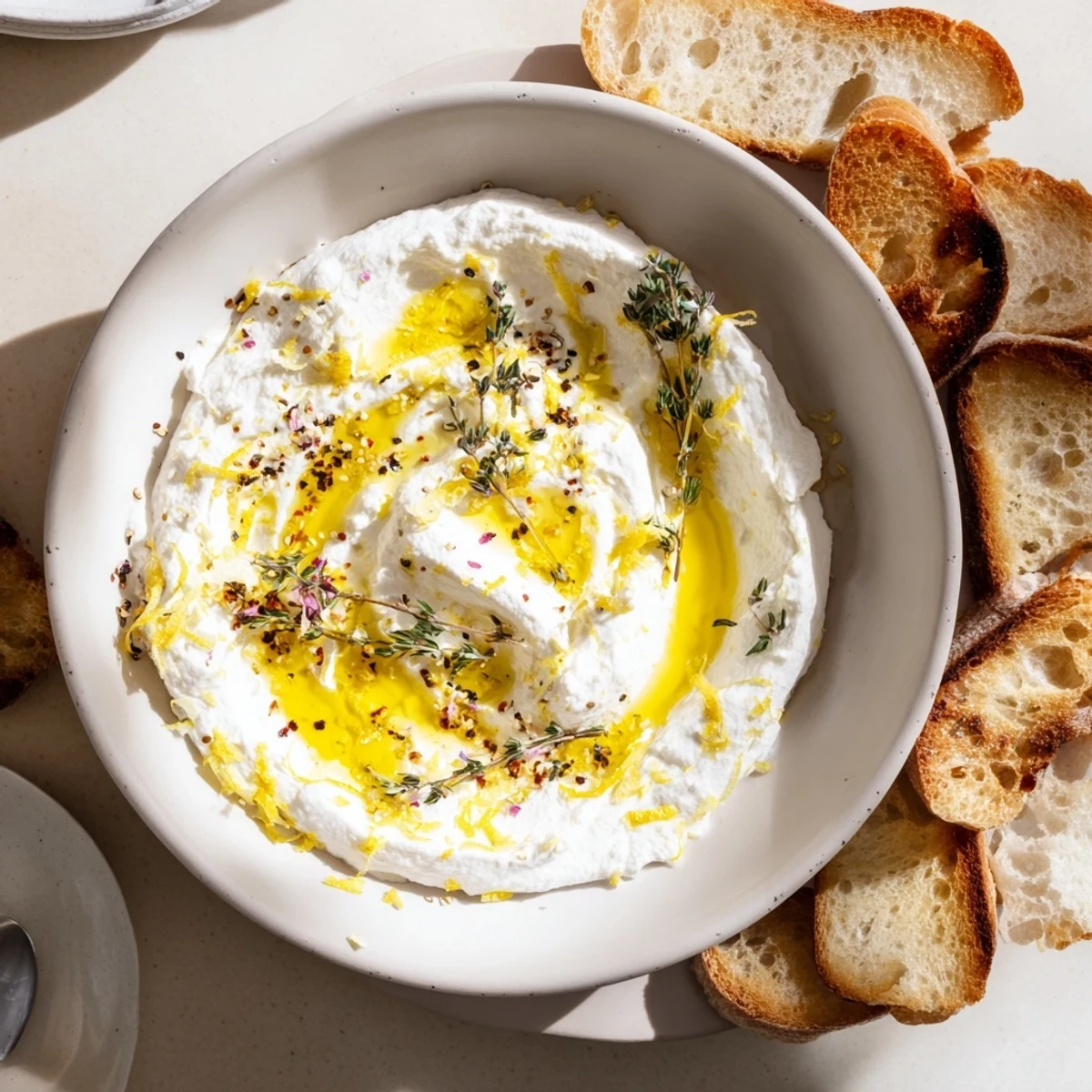 Fluffy white whipped ricotta dip drizzled with honey alongside toasted crostini and lemon zest