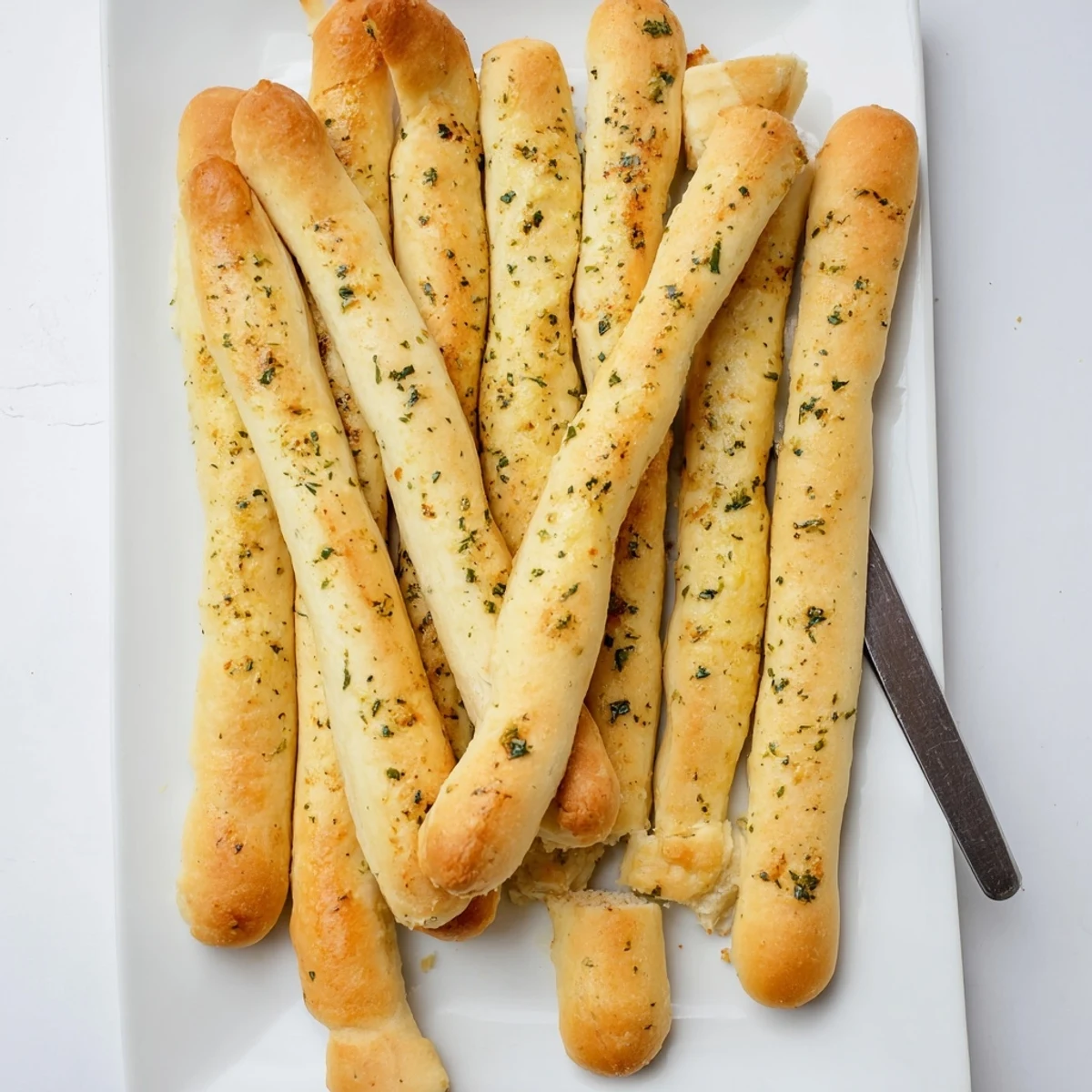 Golden homemade garlic breadsticks brushed with melted butter and fresh parsley on a white baking sheet