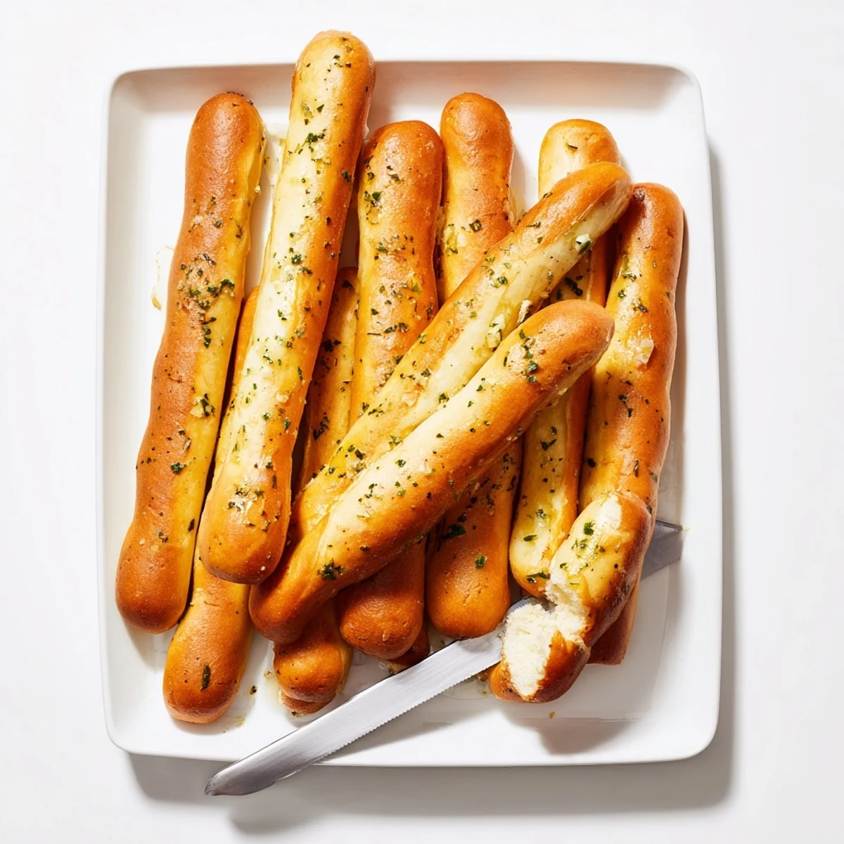 Warm fluffy garlic breadsticks arranged on a parchment lined pan ready for serving as an Italian appetizer