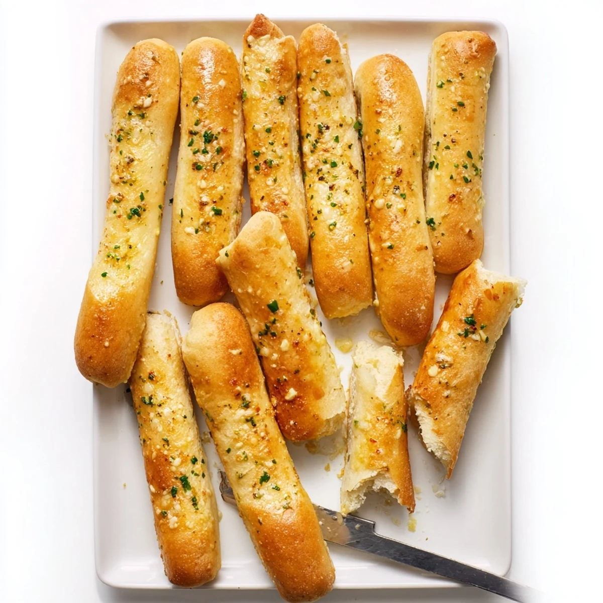 Soft breadsticks topped with garlic butter mixture baked to golden perfection for a vegetarian dinner side